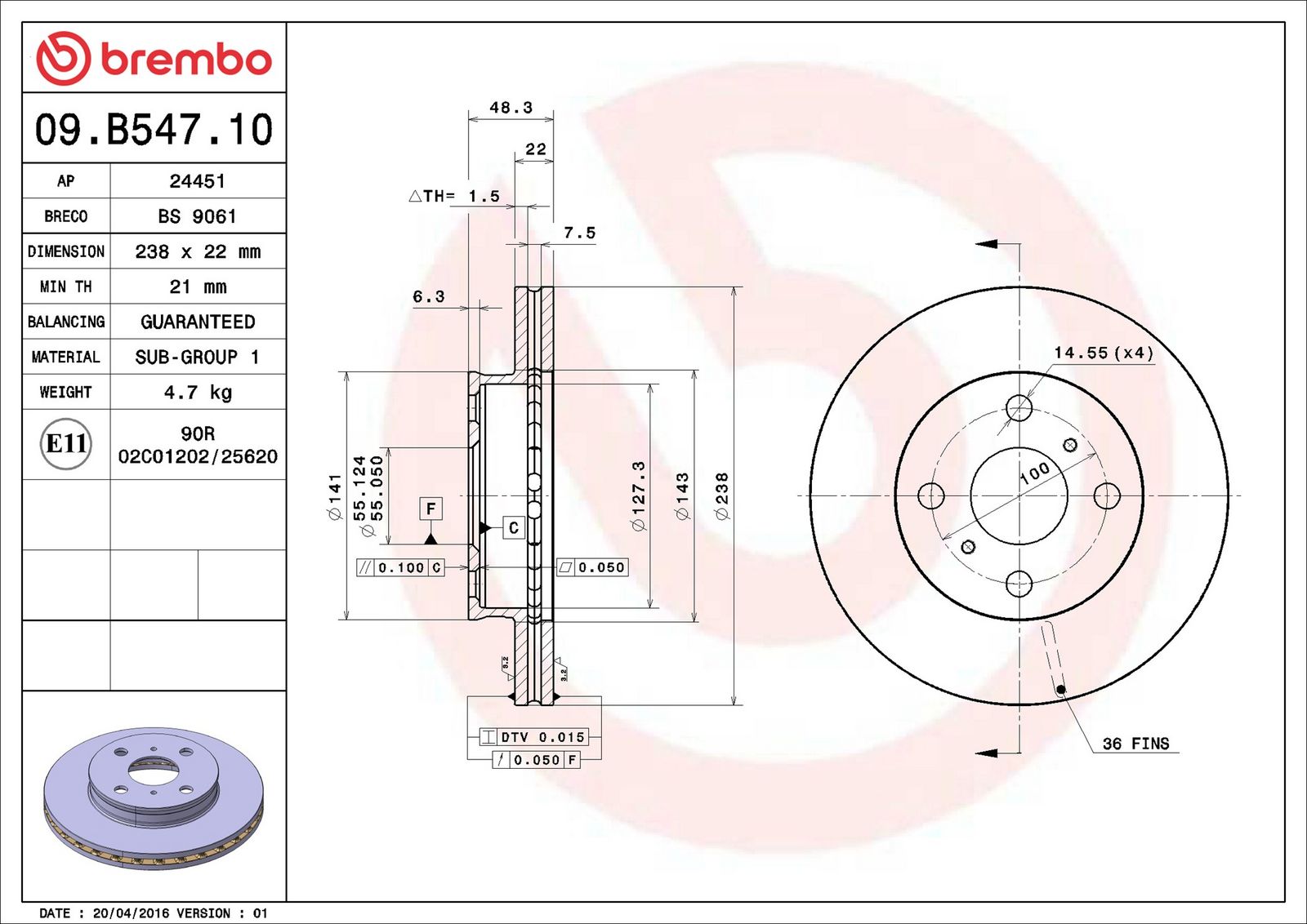 BREMBO 09.B547.10 - Bremsscheibe