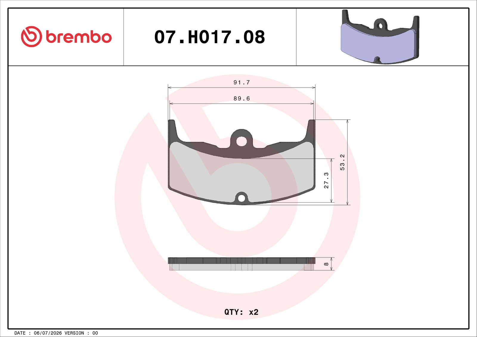 BREMBO 07HO1708 - Bremsbelagsatz, Scheibenbremse