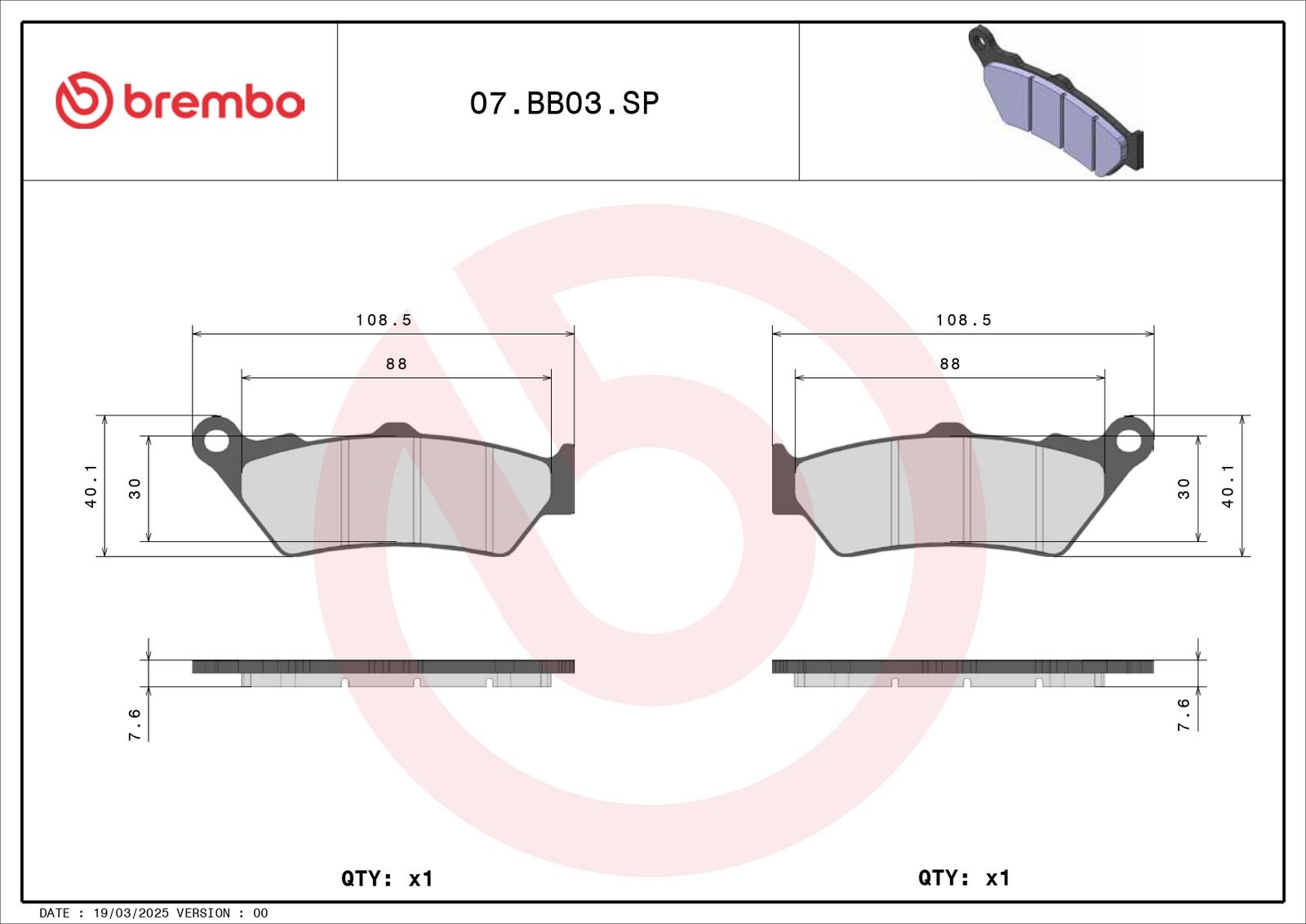 BREMBO 07BB03SP - Bremsbelagsatz, Scheibenbremse