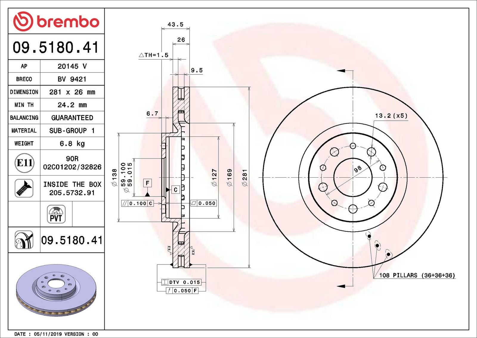 BREMBO 09.5180.41 - Bremsscheibe