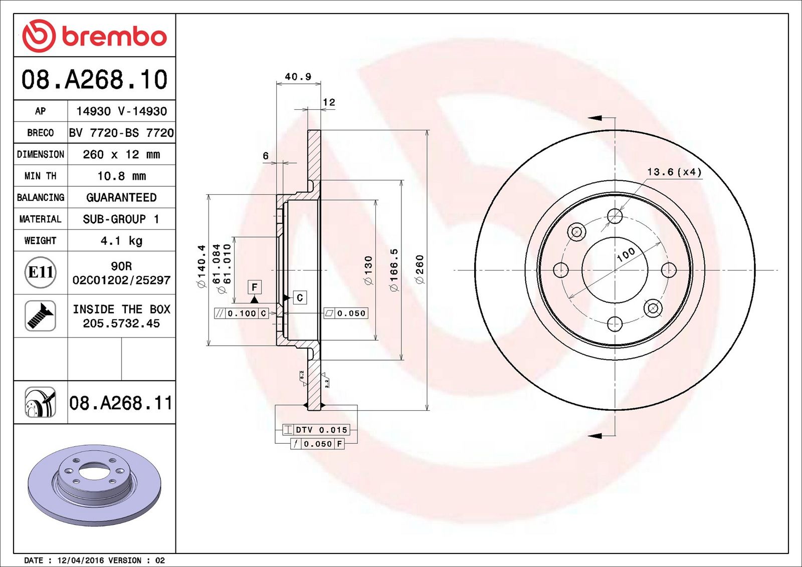 BREMBO 08.A268.11 - Bremsscheibe