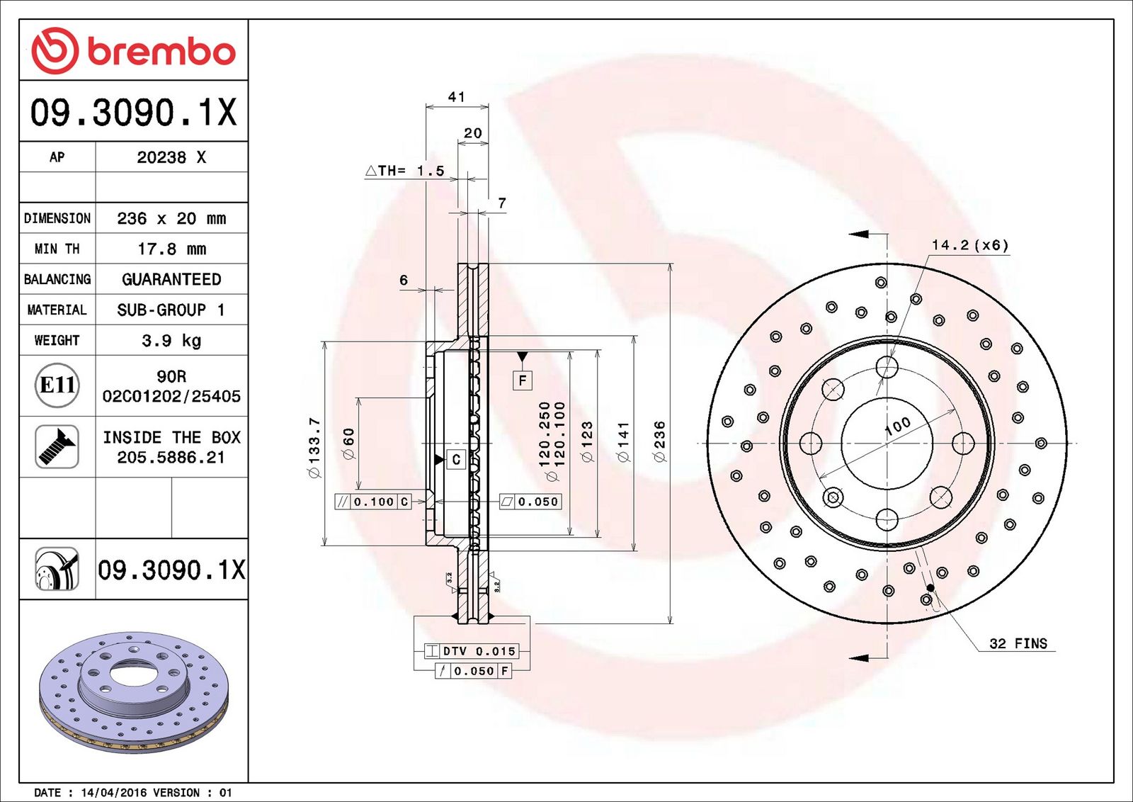 BREMBO 09.3090.1X - Bremsscheibe