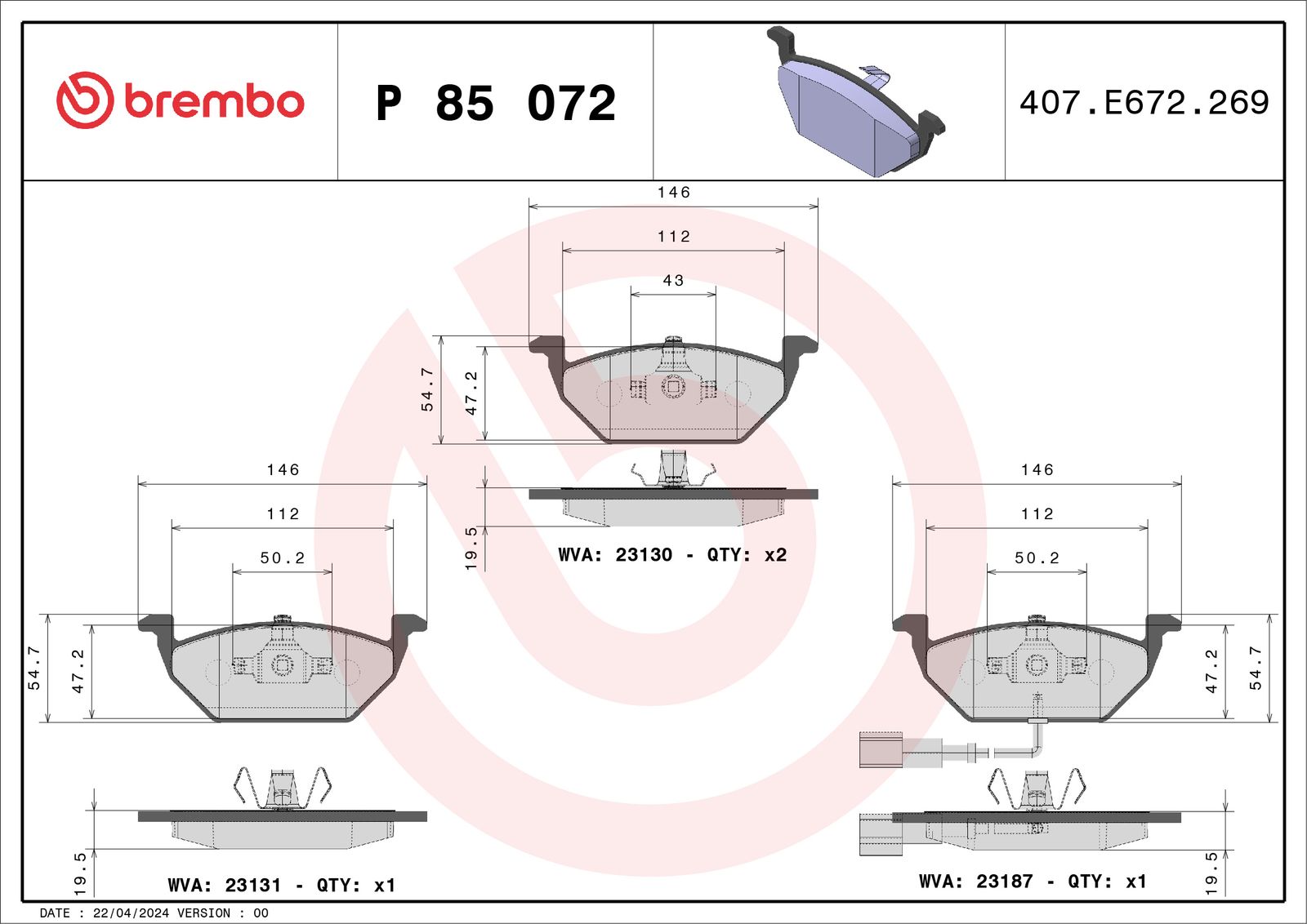BREMBO P 85 072 - Bremsbelagsatz, Scheibenbremse