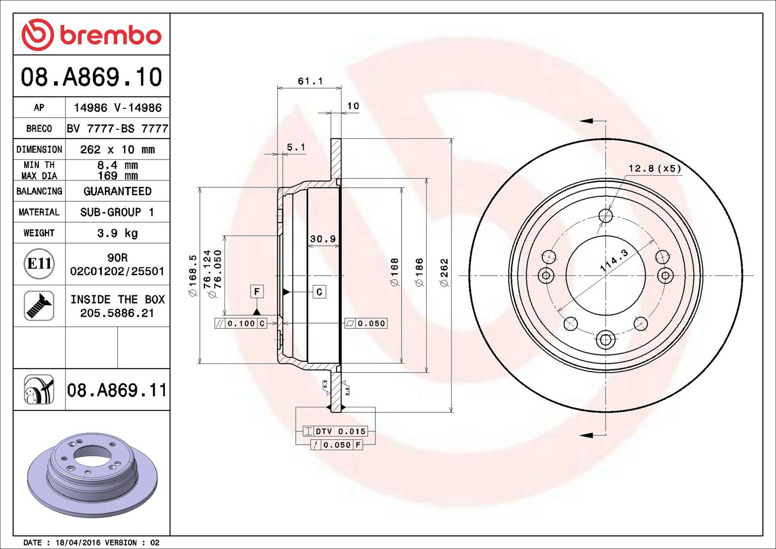 BREMBO 08.A869.11 - Bremsscheibe