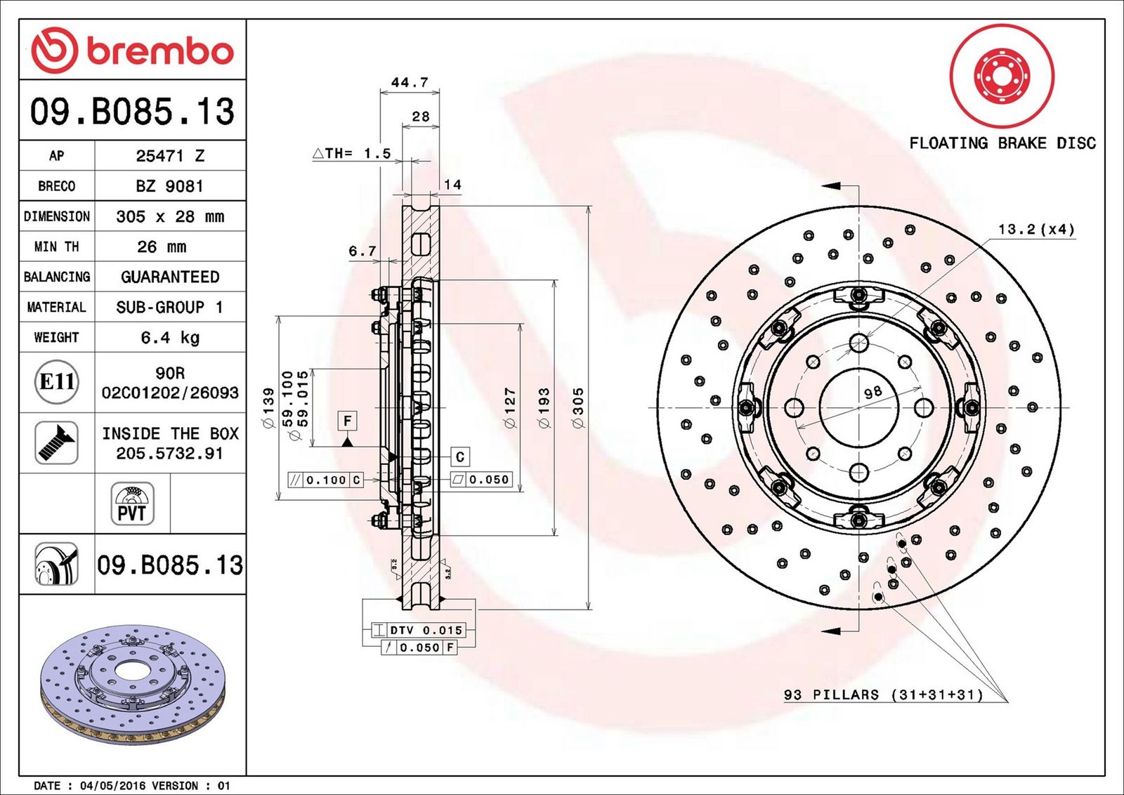 BREMBO 09.B085.13 - Bremsscheibe