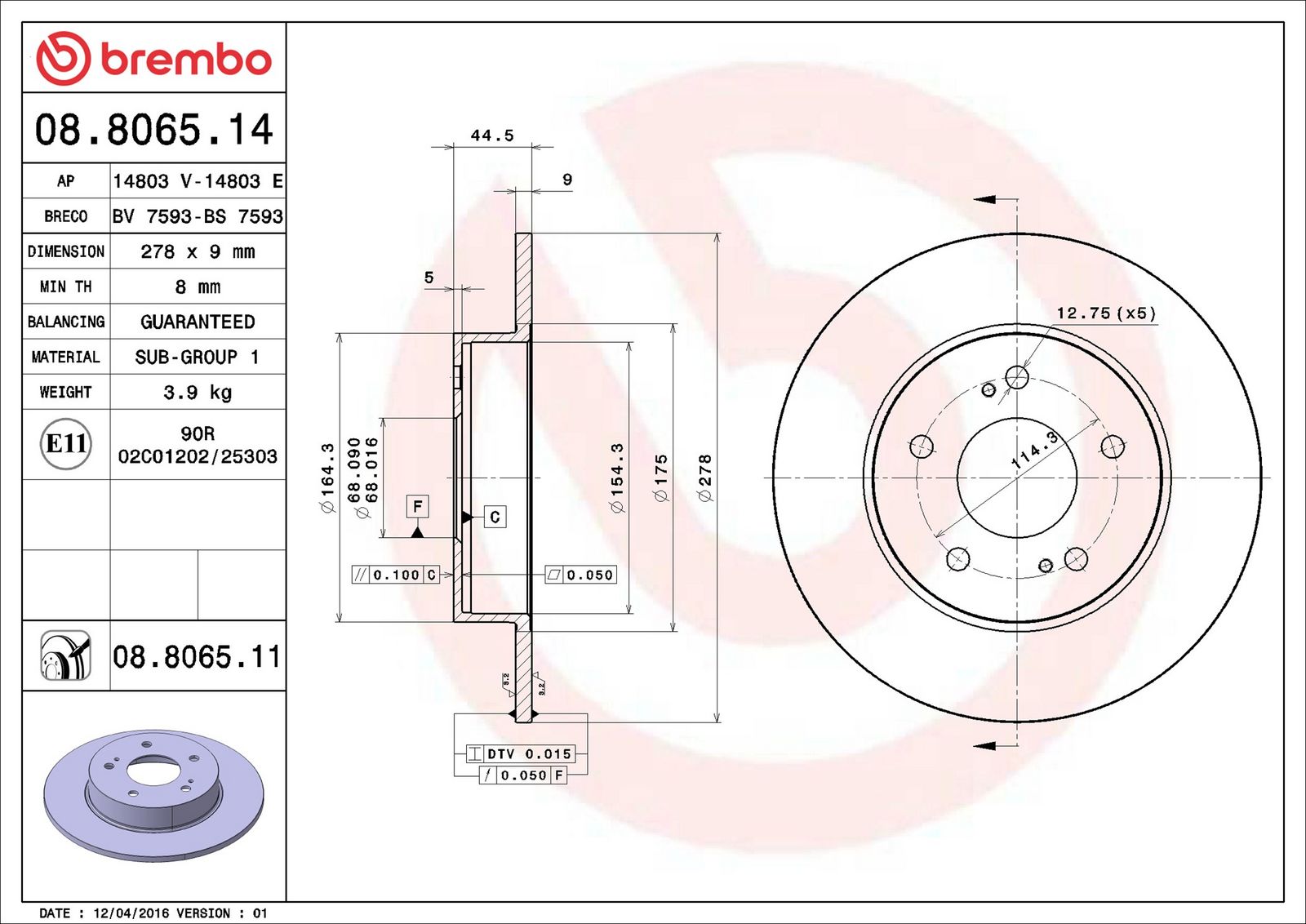 BREMBO 08.8065.14 - Bremsscheibe