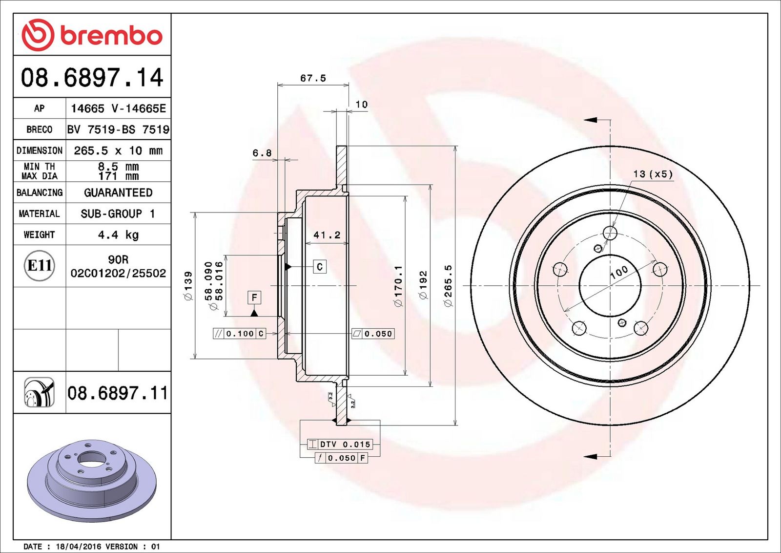 BREMBO 08.6897.11 - Bremsscheibe