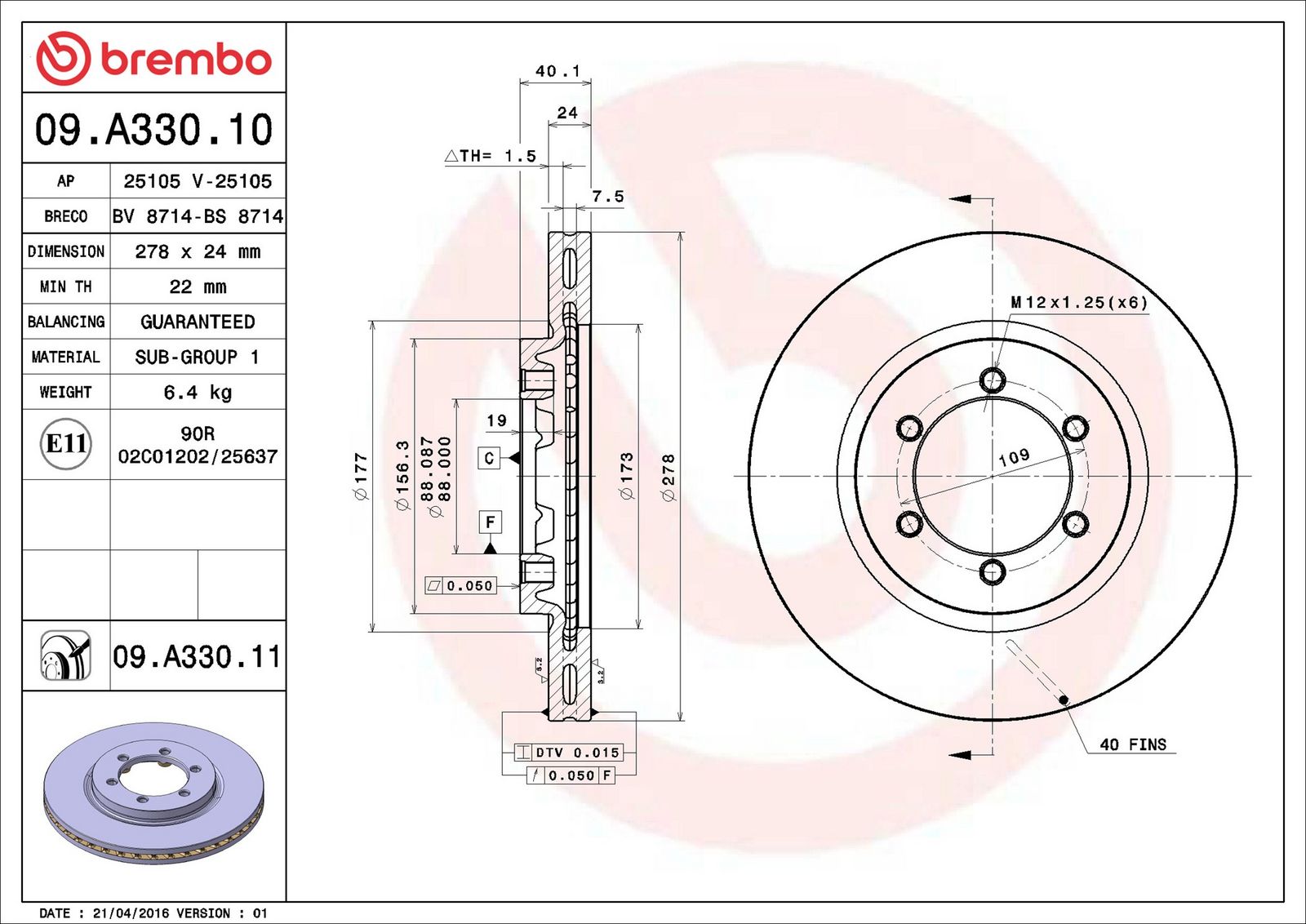 BREMBO 09.A330.11 - Bremsscheibe