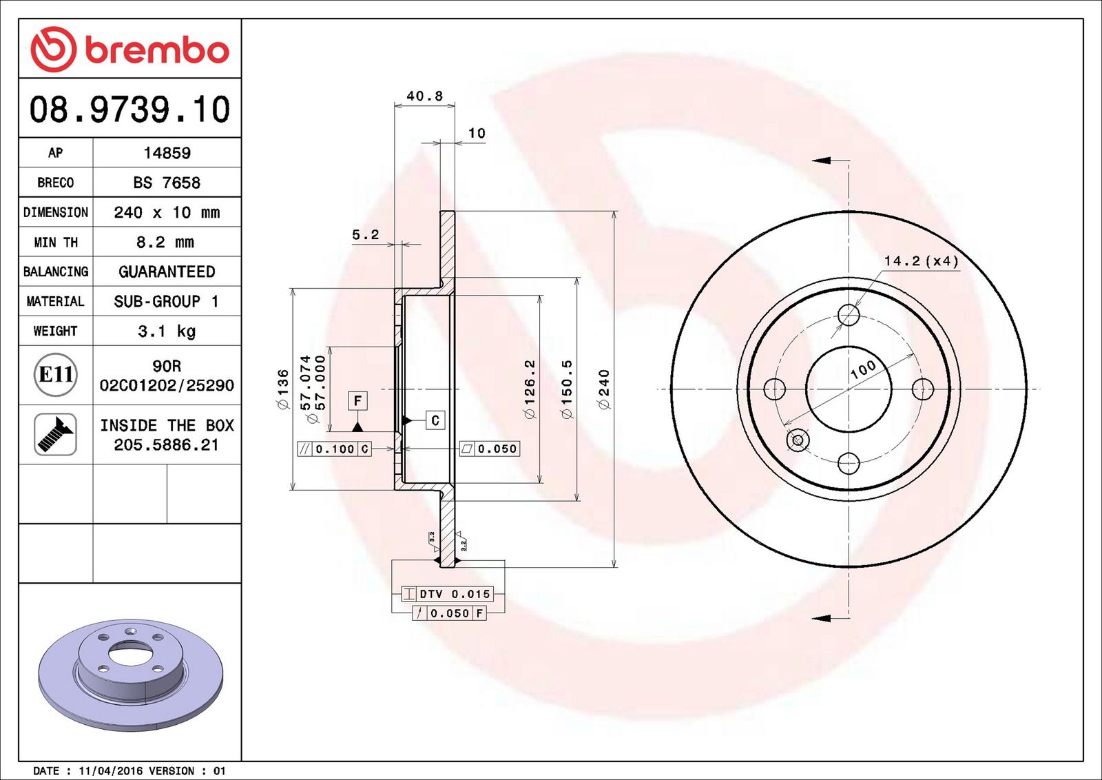 BREMBO 08.9739.10 - Bremsscheibe