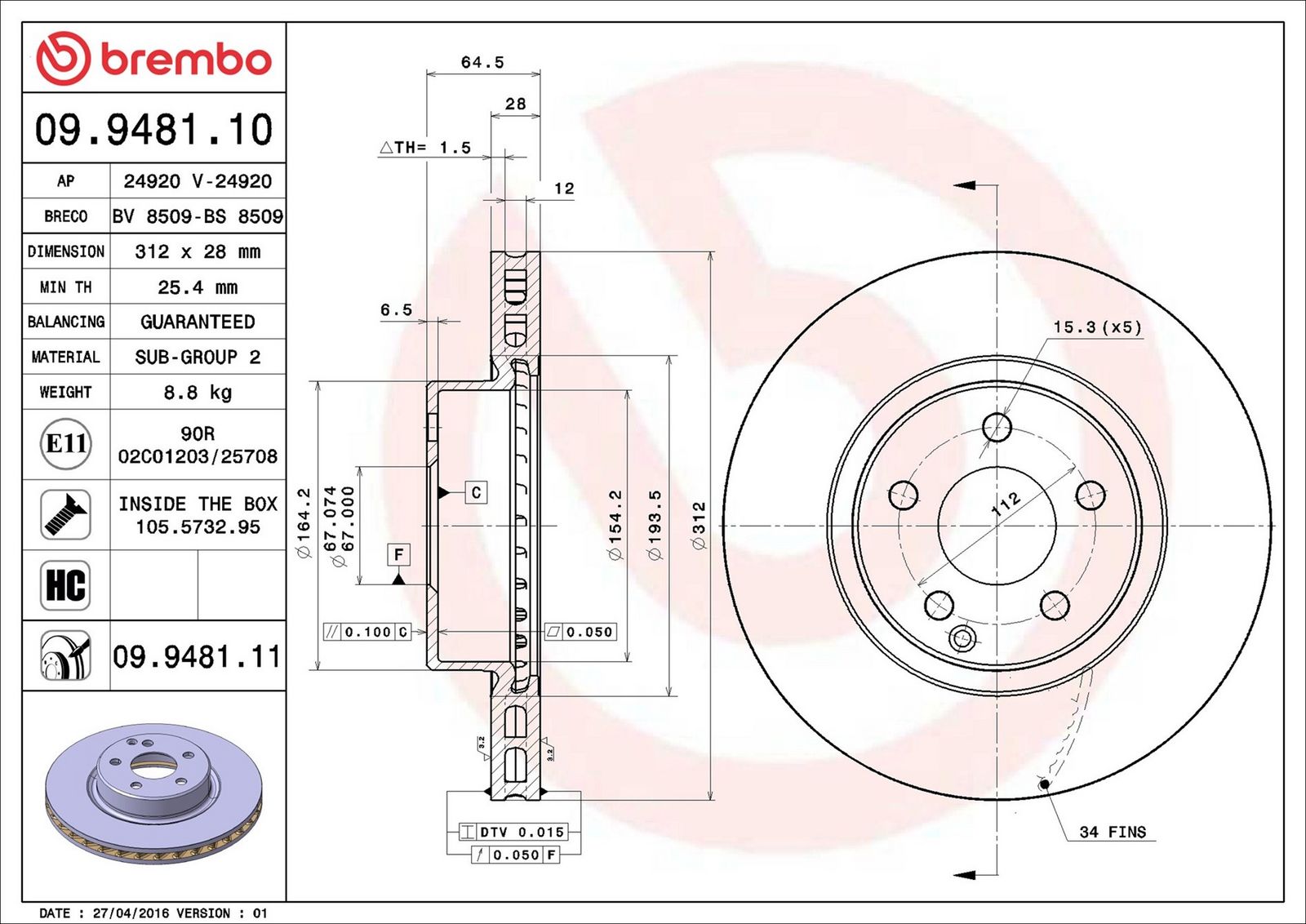 BREMBO 09.9481.11 - Bremsscheibe