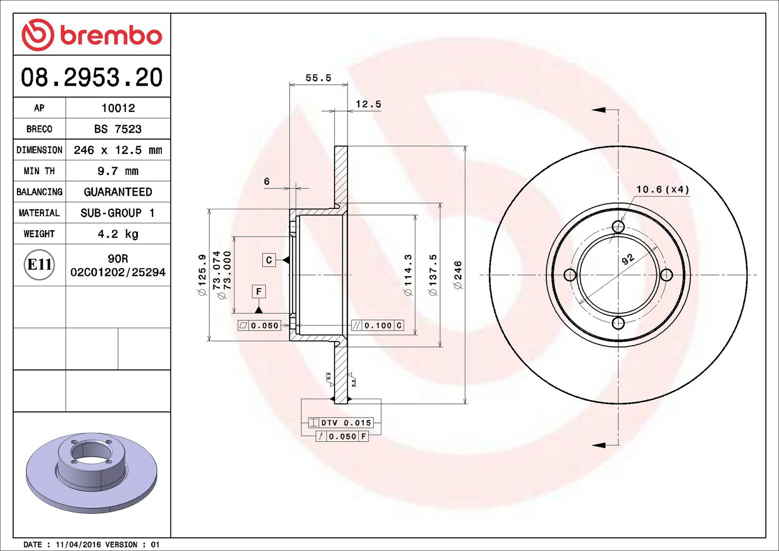 BREMBO 08.2953.20 - Bremsscheibe