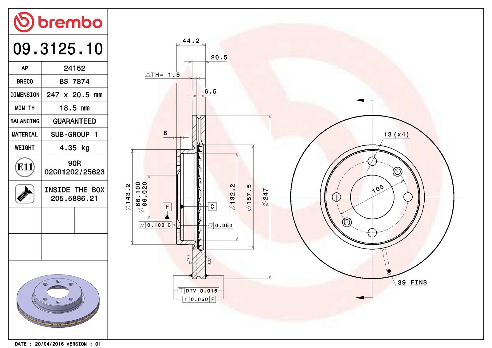 BREMBO 09.3125.10 - Bremsscheibe