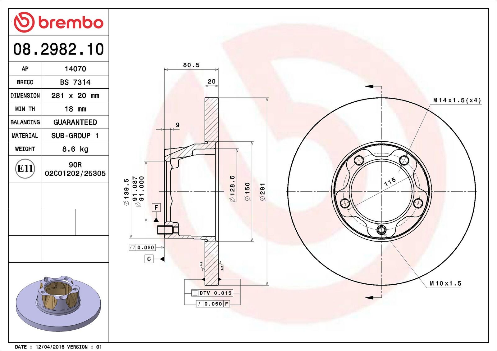 BREMBO 08.2982.10 - Bremsscheibe