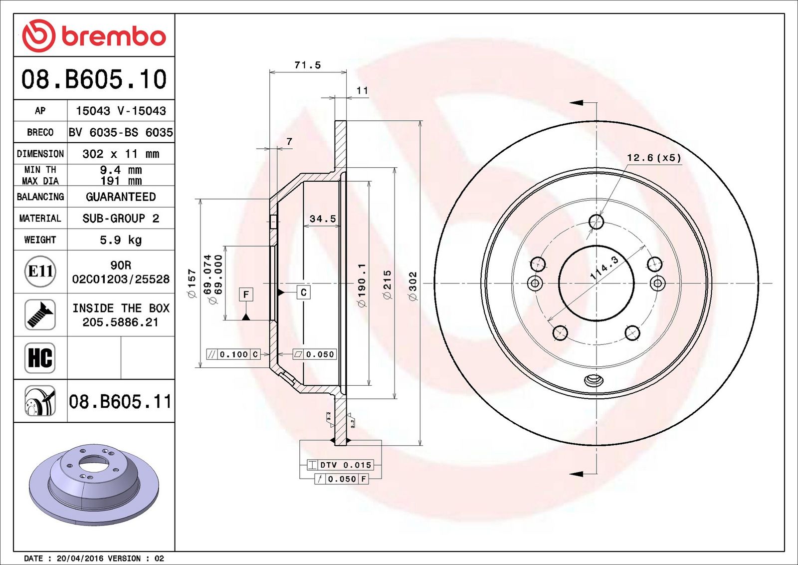 BREMBO 08.B605.11 - Bremsscheibe