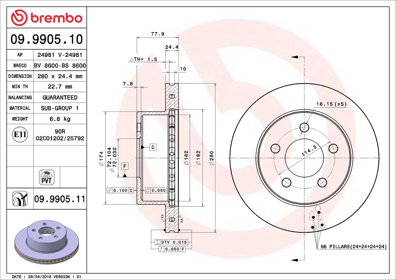 BREMBO 09.9905.11 - Bremsscheibe