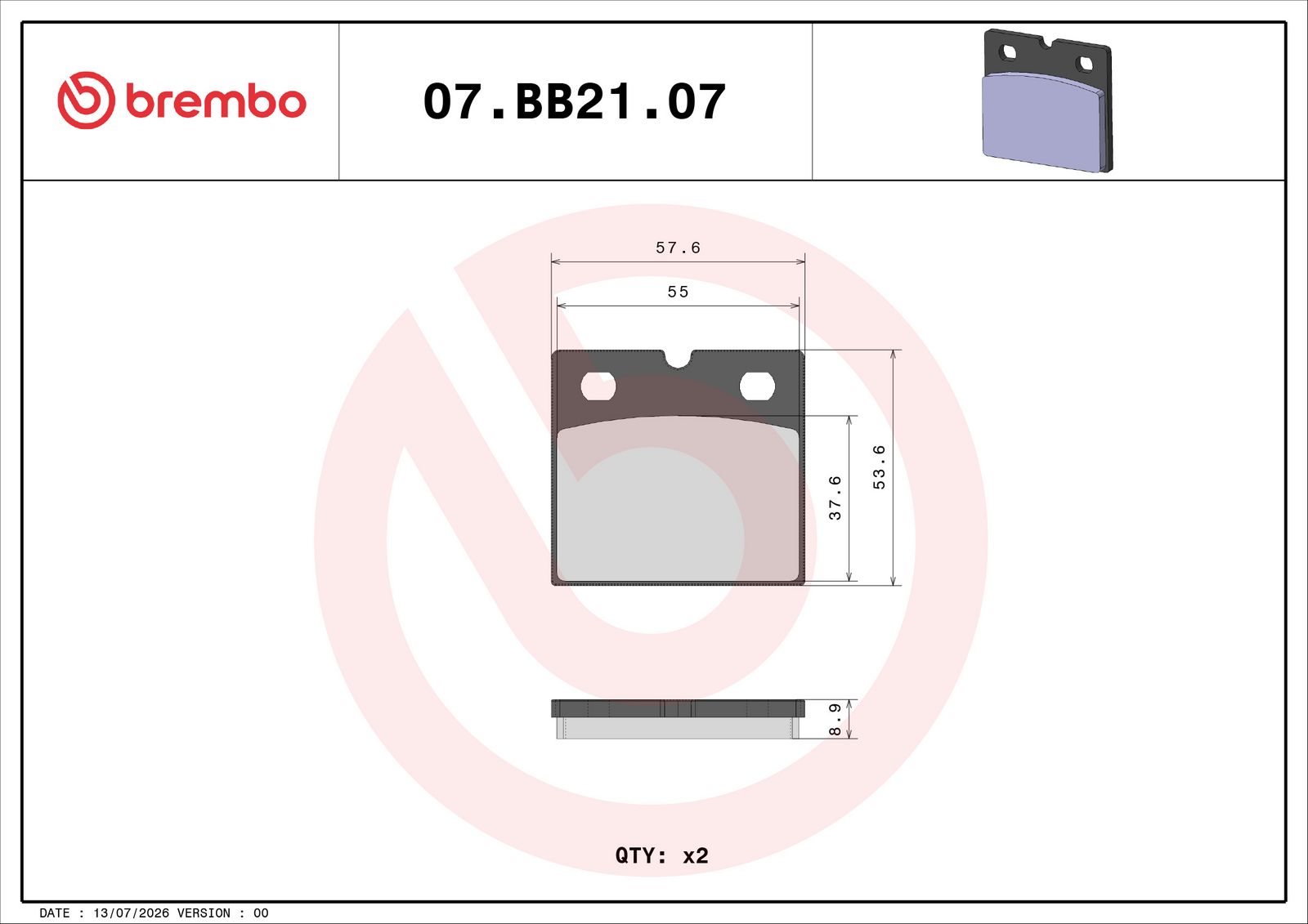 BREMBO 07BB2107 - Bremsbelagsatz, Scheibenbremse