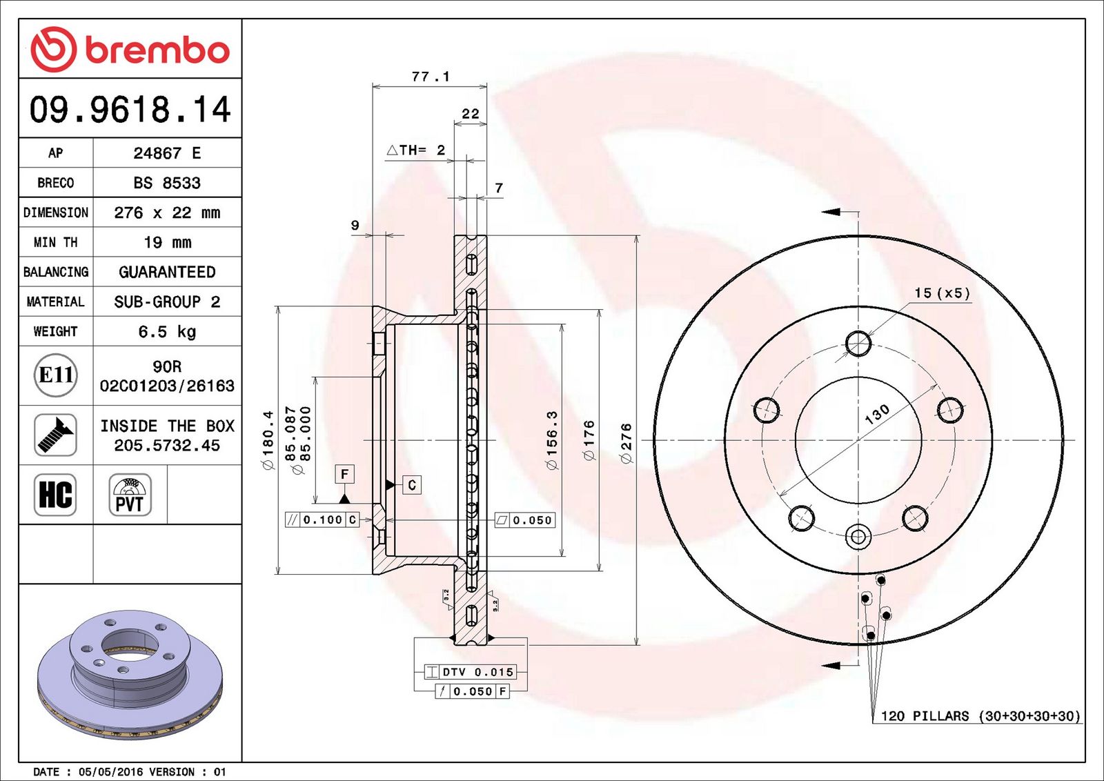 BREMBO 09.9618.14 - Bremsscheibe
