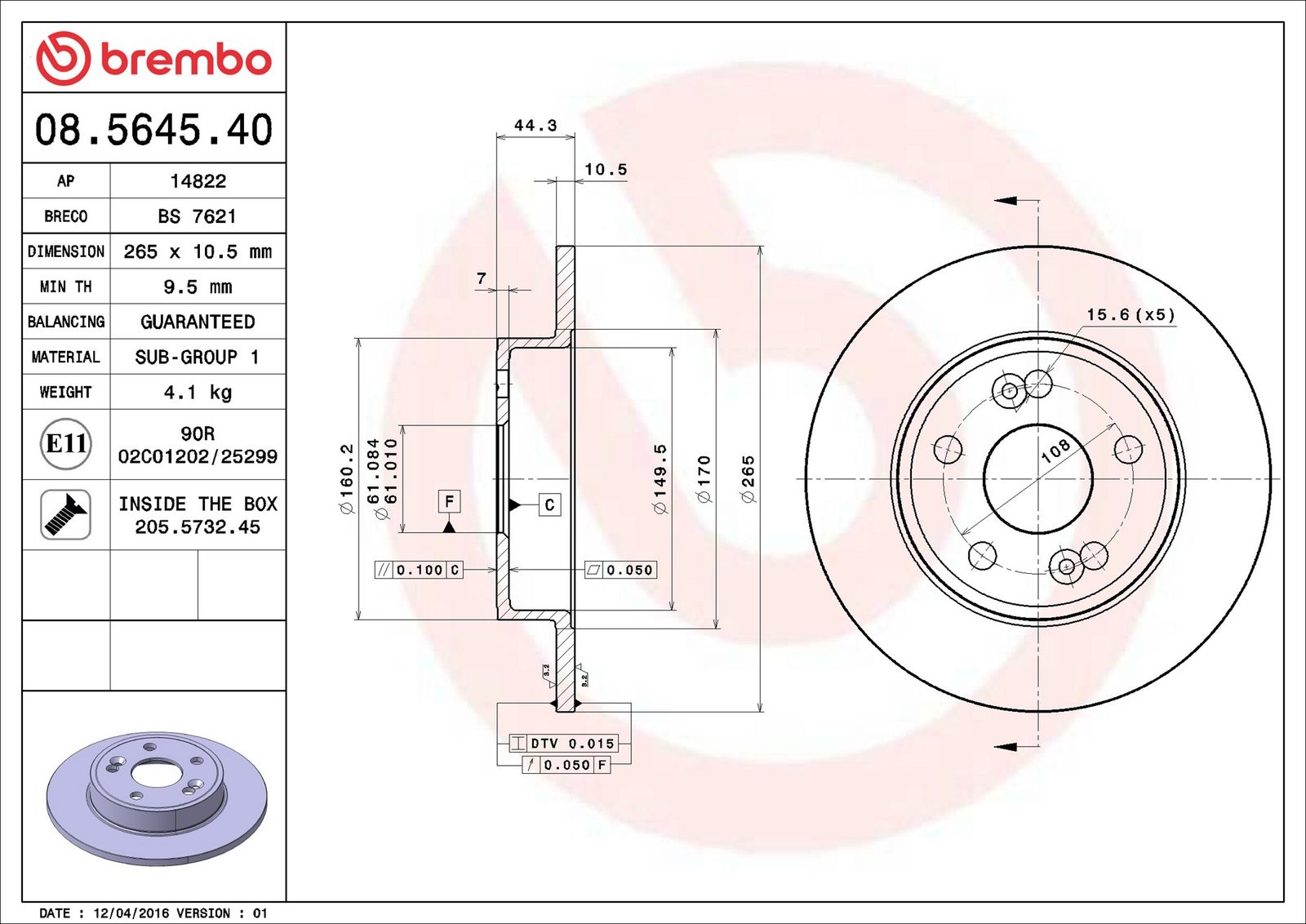 BREMBO 08.5645.40 - Bremsscheibe