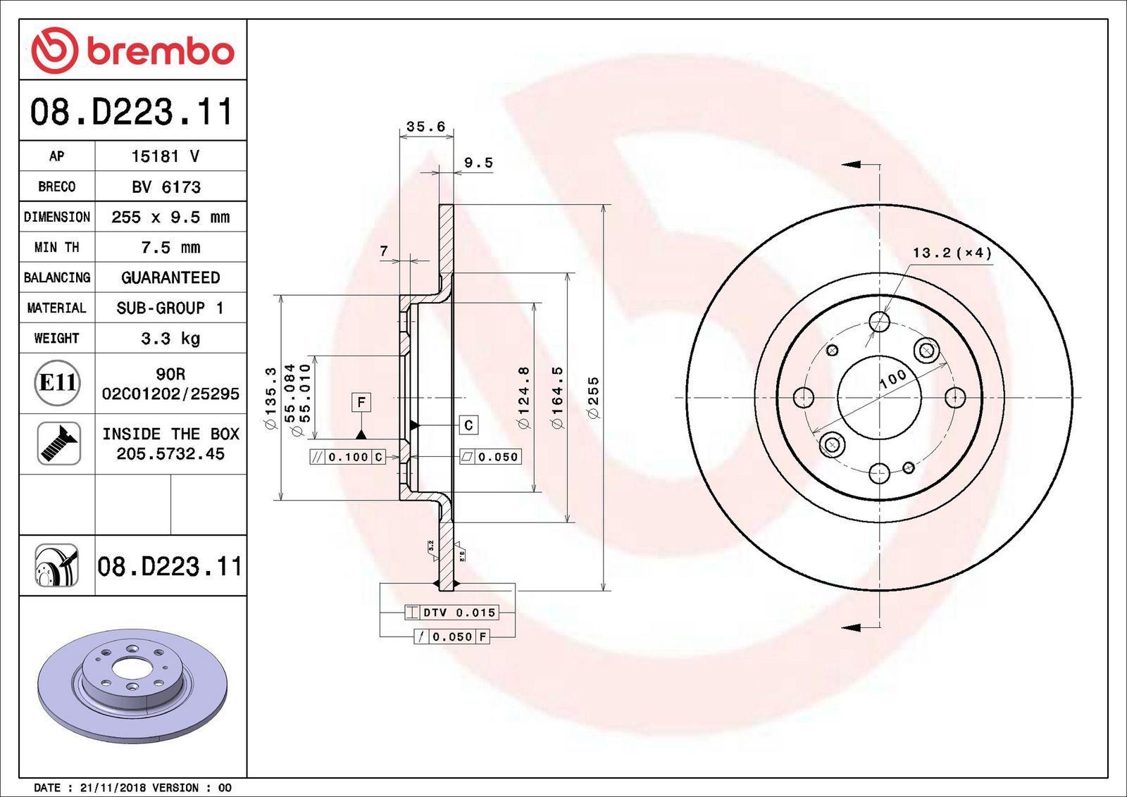 BREMBO 08.D223.11 - Bremsscheibe