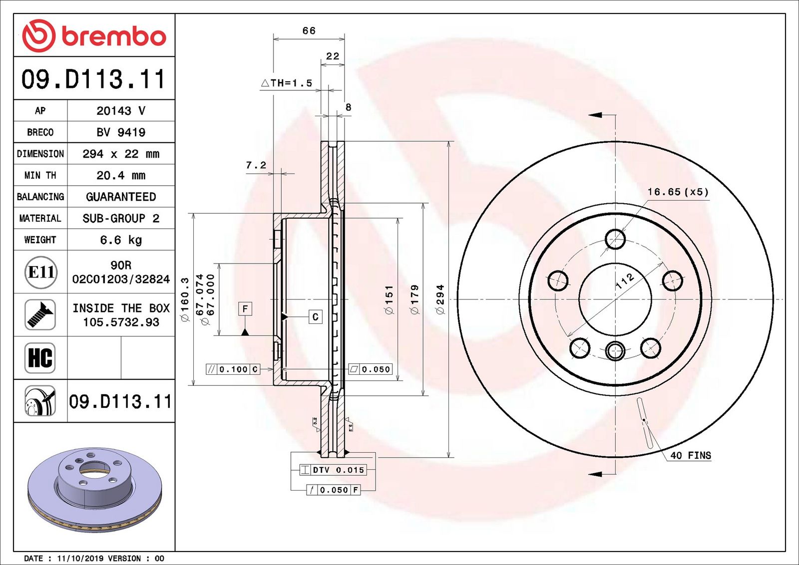 BREMBO 09.D113.11 - Bremsscheibe