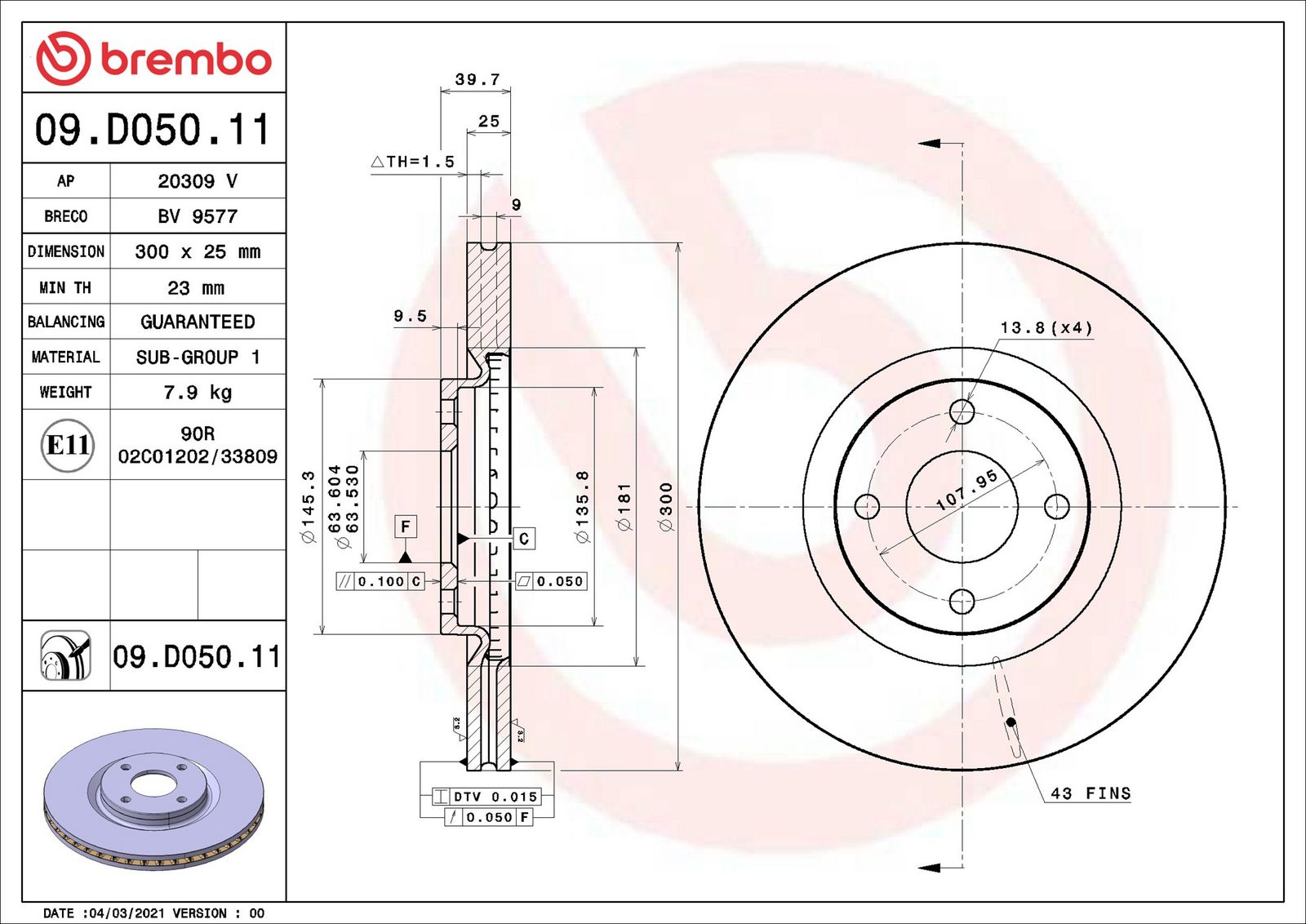 BREMBO 09.D050.11 - Bremsscheibe