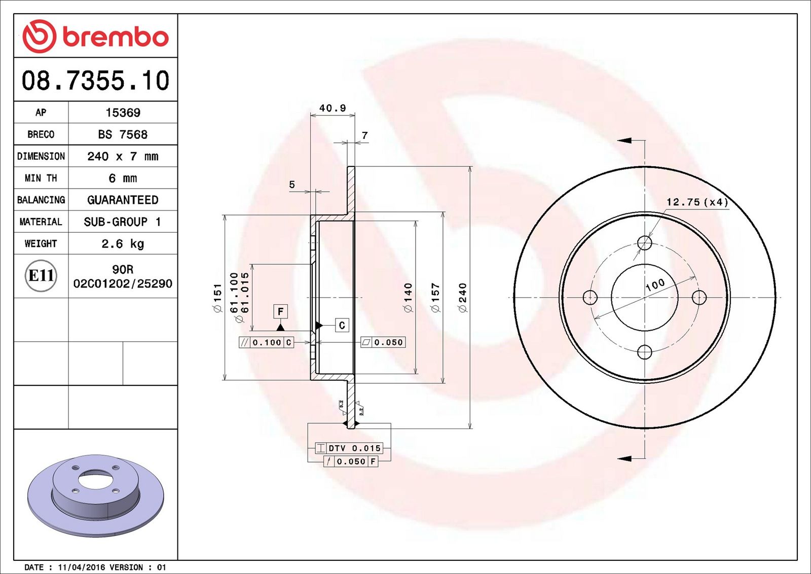 BREMBO 08.7355.10 - Bremsscheibe