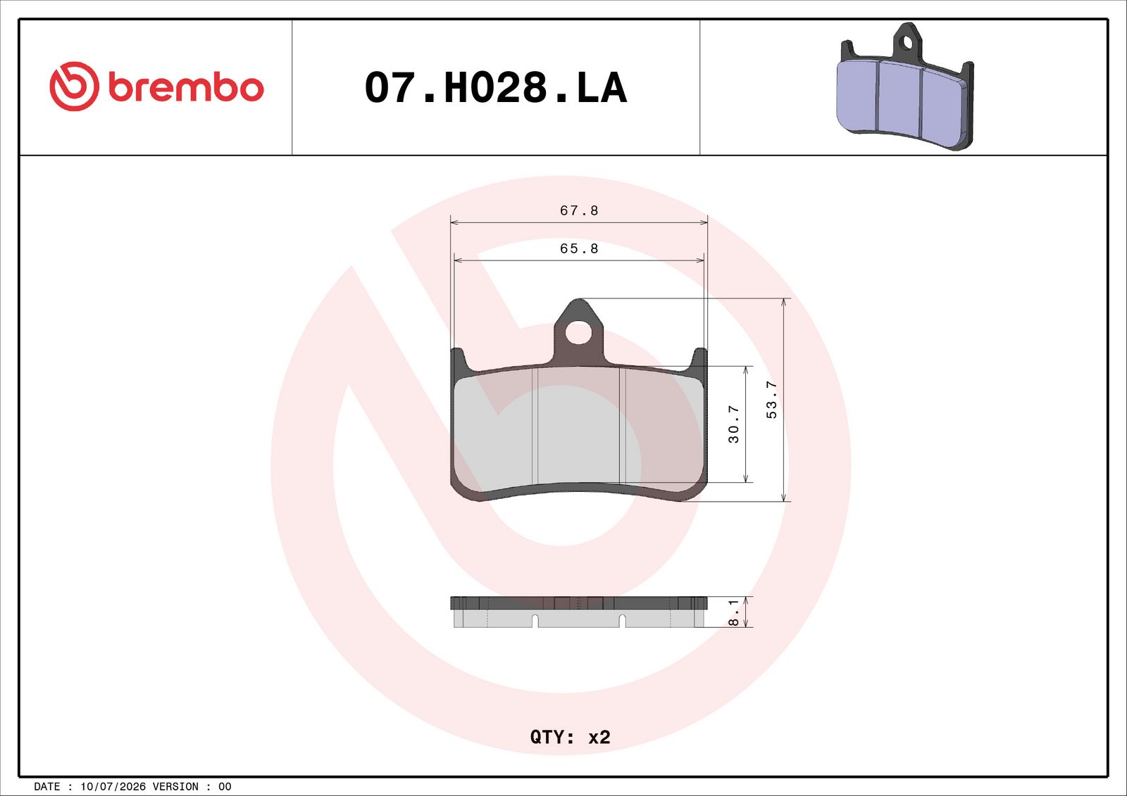 BREMBO 07HO28LA - Bremsbelagsatz, Scheibenbremse