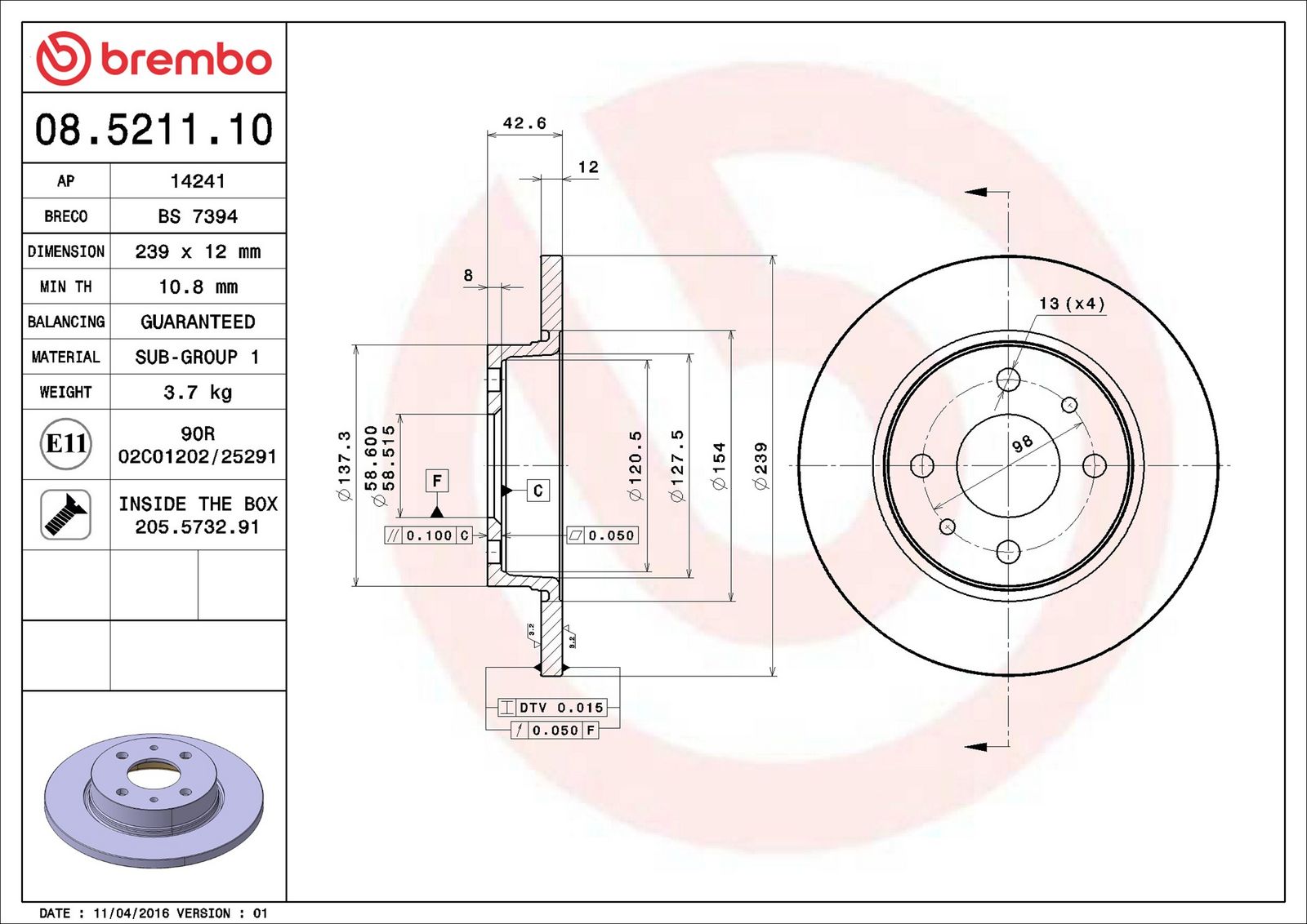 BREMBO 08.5211.10 - Bremsscheibe