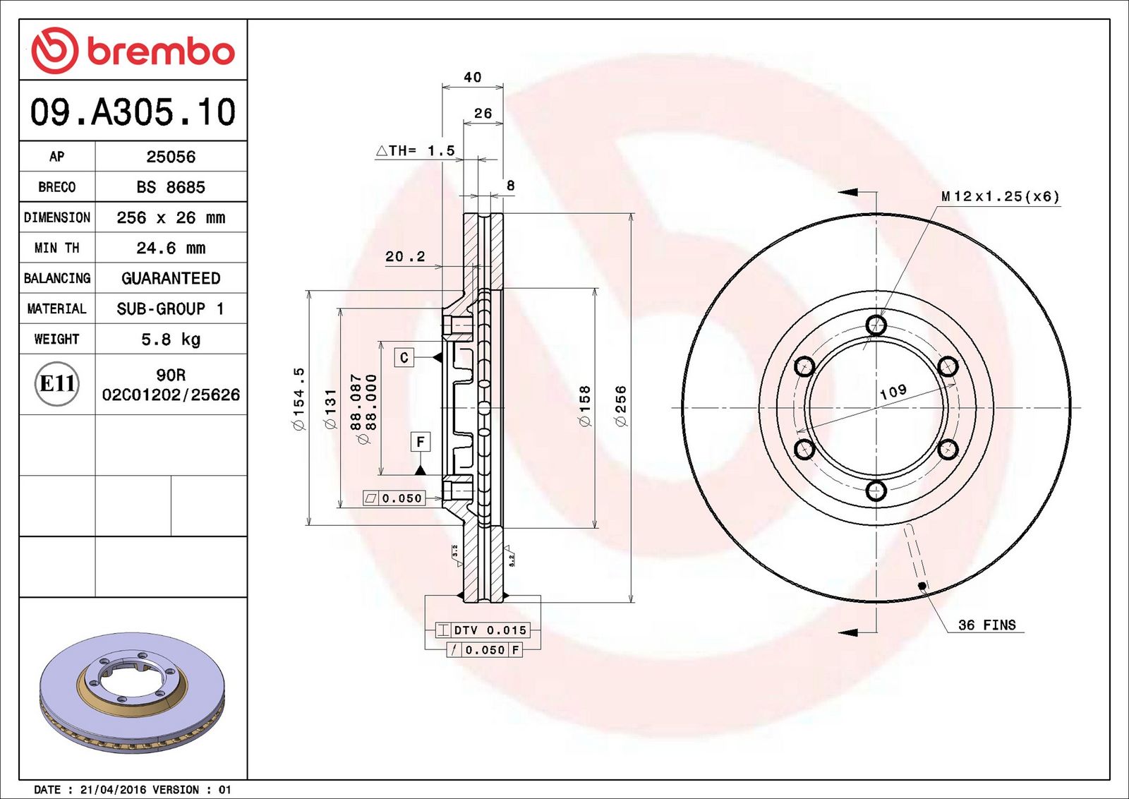 BREMBO 09.A305.10 - Bremsscheibe