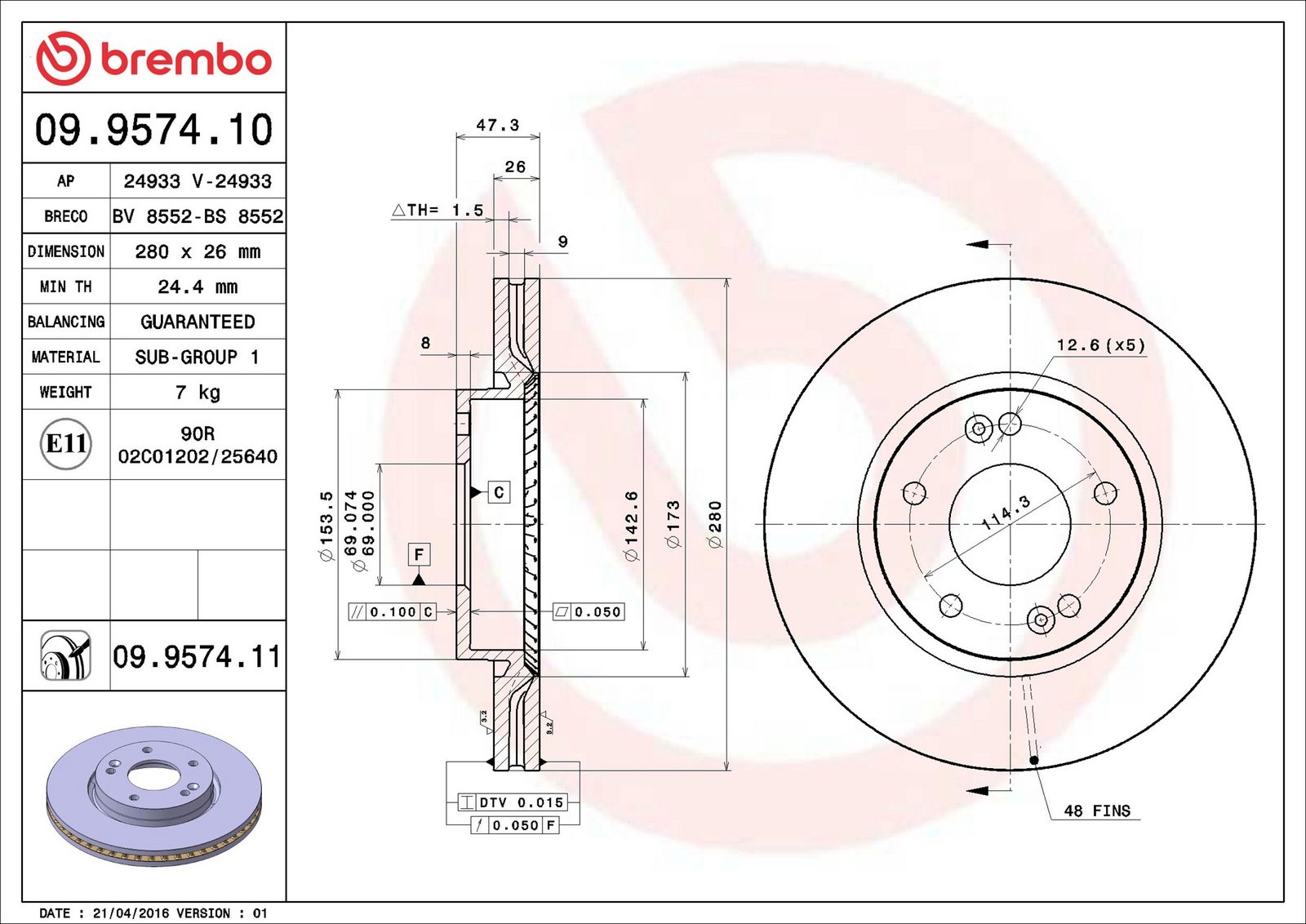 BREMBO 09.9574.11 - Bremsscheibe
