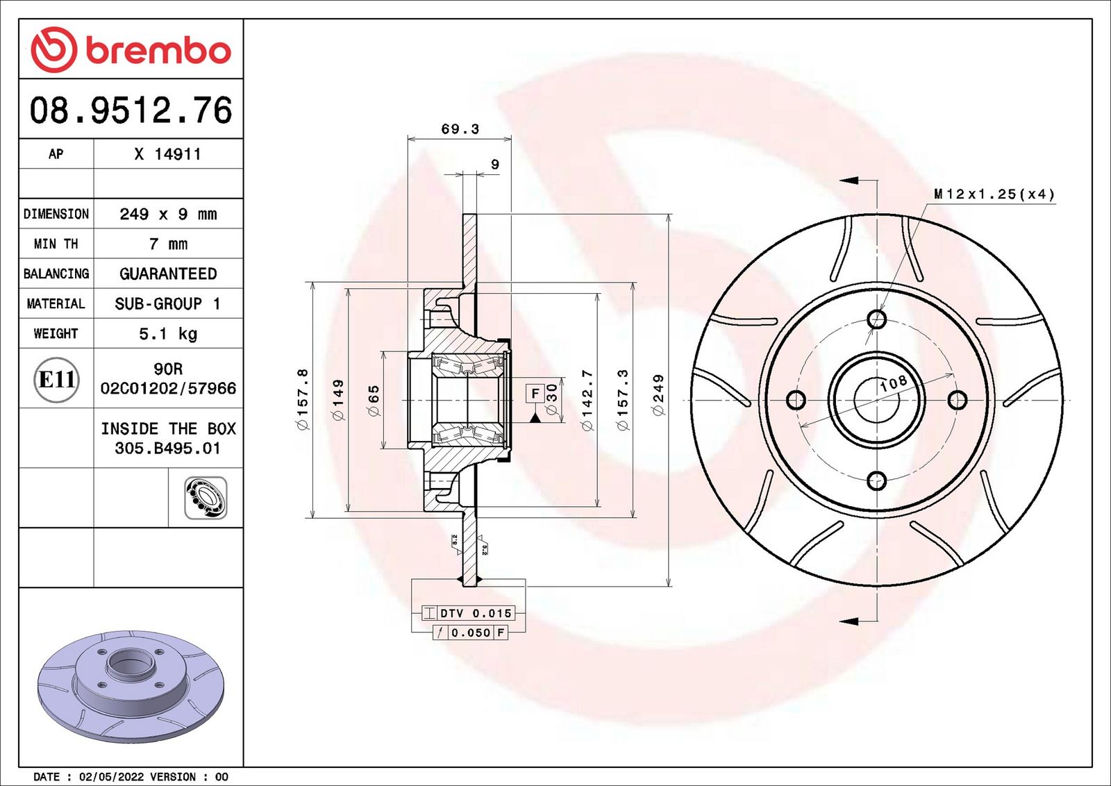 BREMBO 08.9512.76 - Bremsscheibe