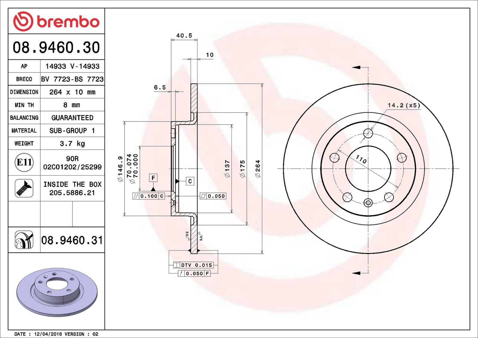 BREMBO 08.9460.31 - Bremsscheibe