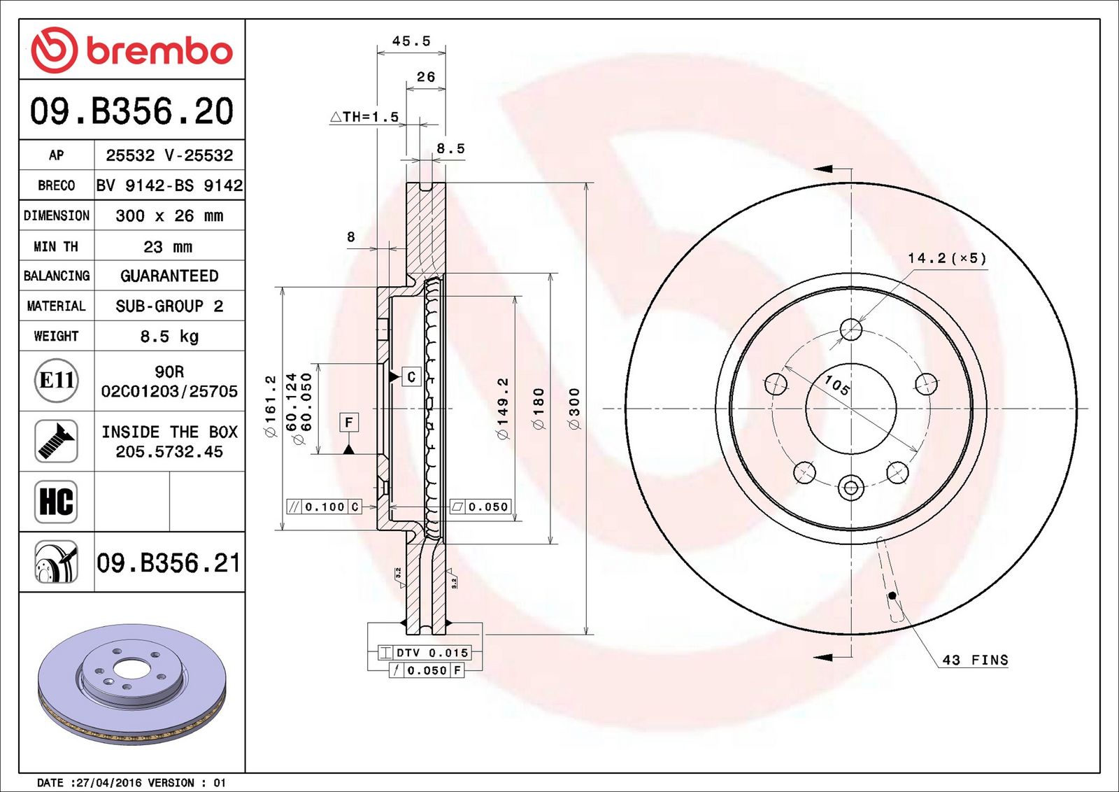 BREMBO 09.B356.21 - Bremsscheibe