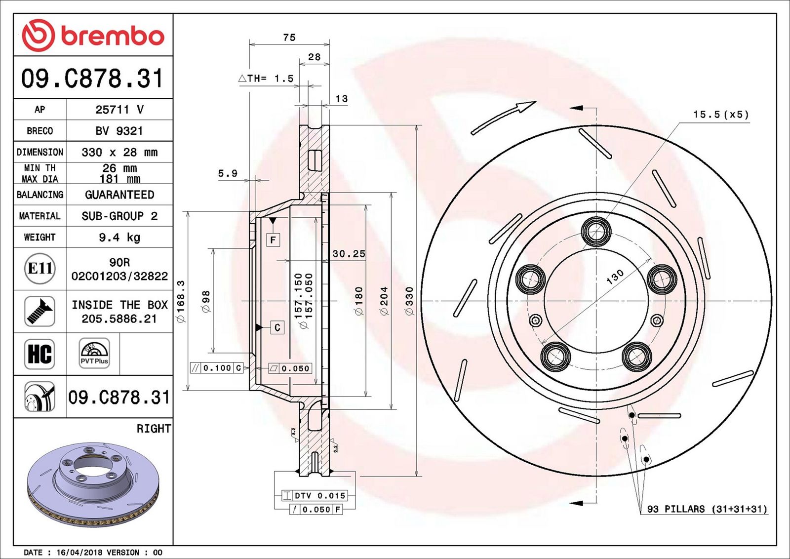 BREMBO 09.C878.31 - Bremsscheibe