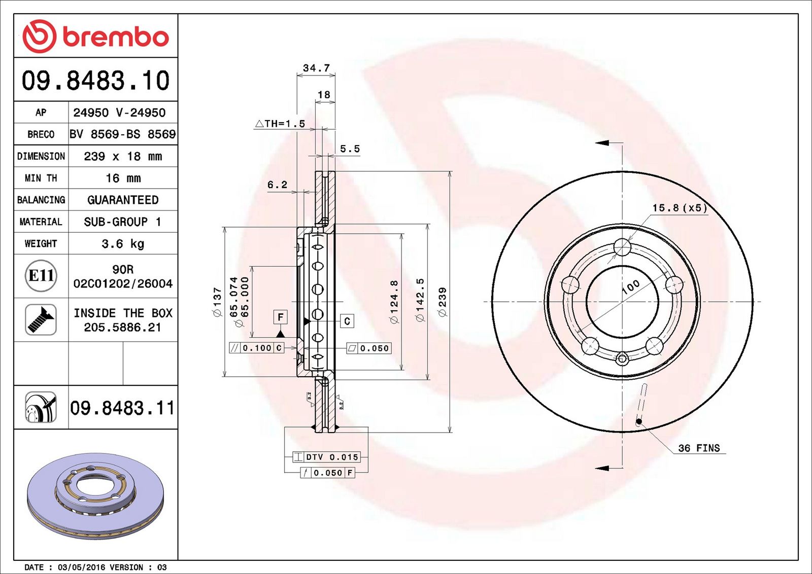 BREMBO 09.8483.11 - Bremsscheibe