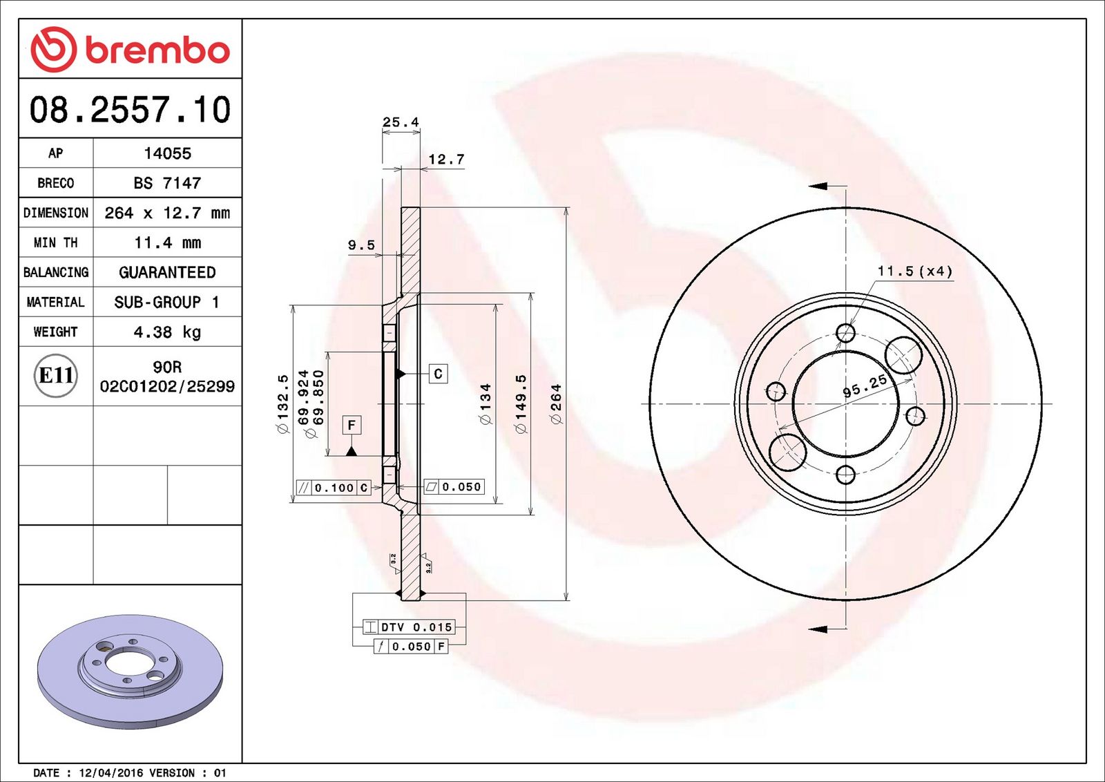 BREMBO 08.2557.10 - Bremsscheibe