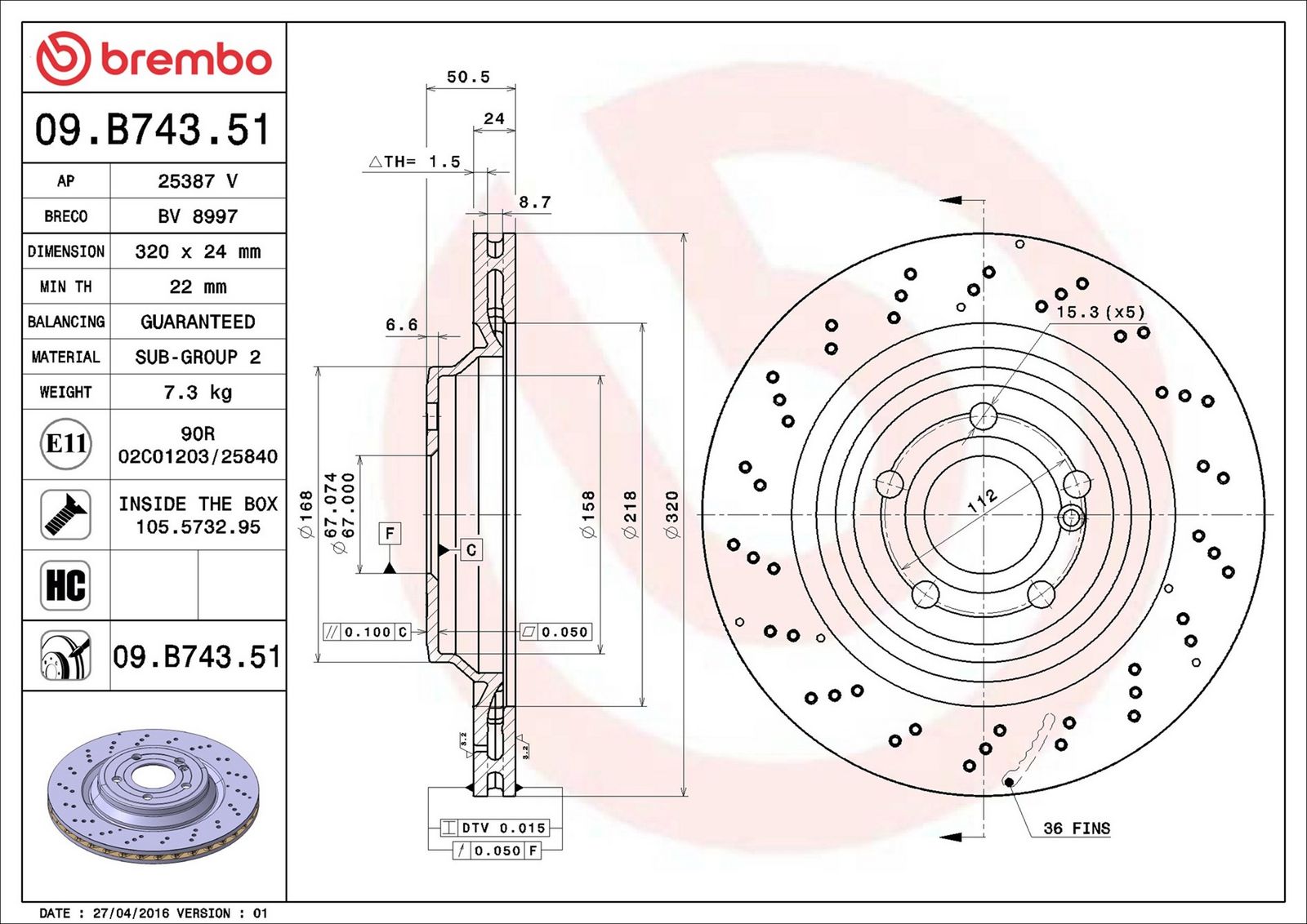 BREMBO 09.B743.51 - Bremsscheibe