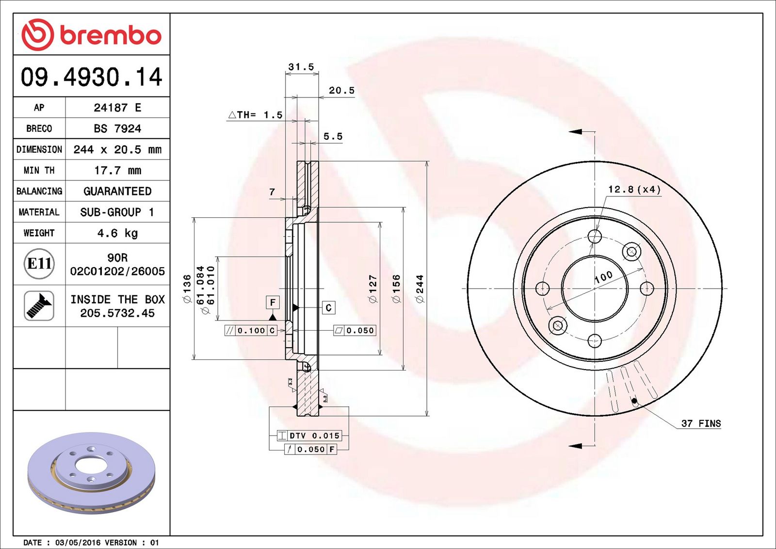 BREMBO 09.4930.14 - Bremsscheibe