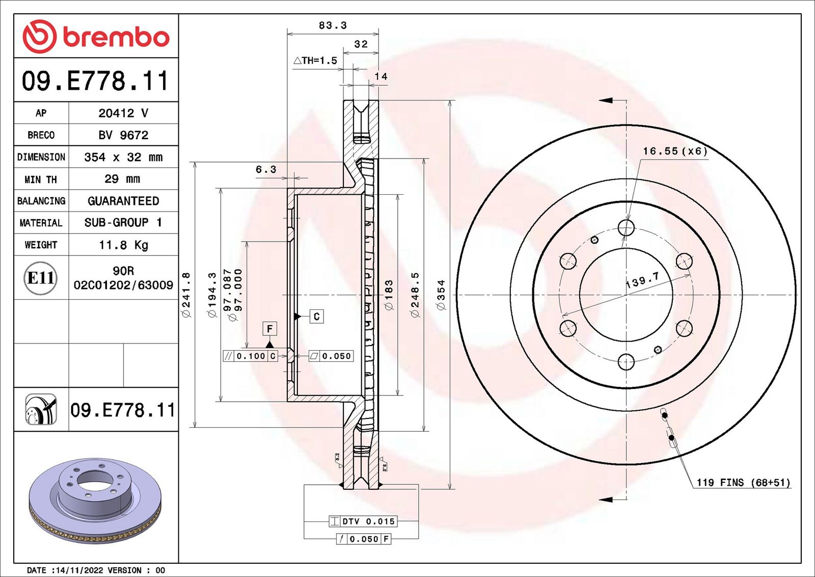 BREMBO 09.E778.11 - Bremsscheibe