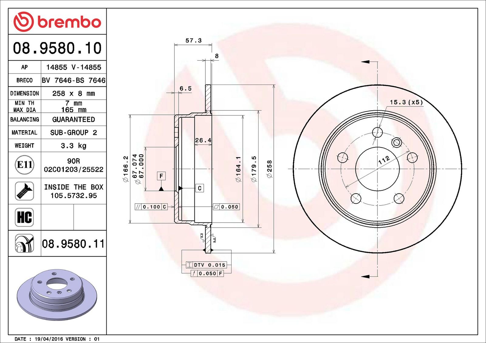 BREMBO 08.9580.11 - Bremsscheibe