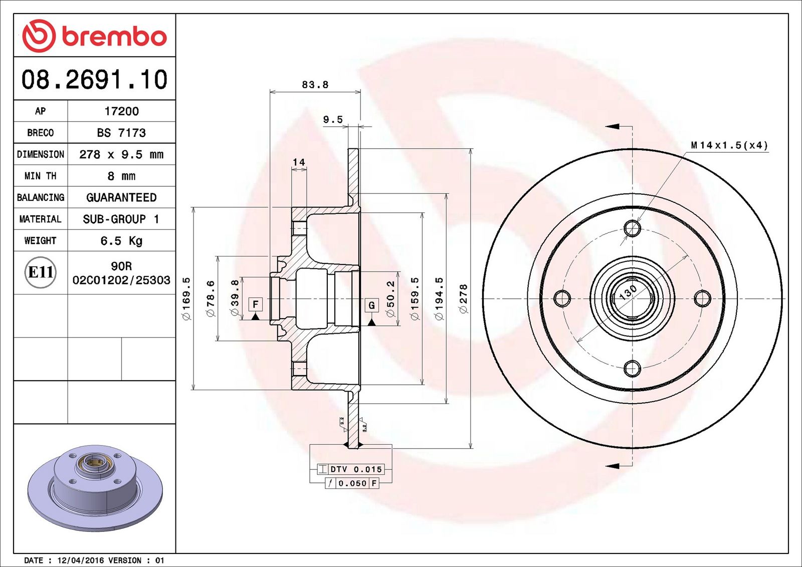 BREMBO 08.2691.10 - Bremsscheibe