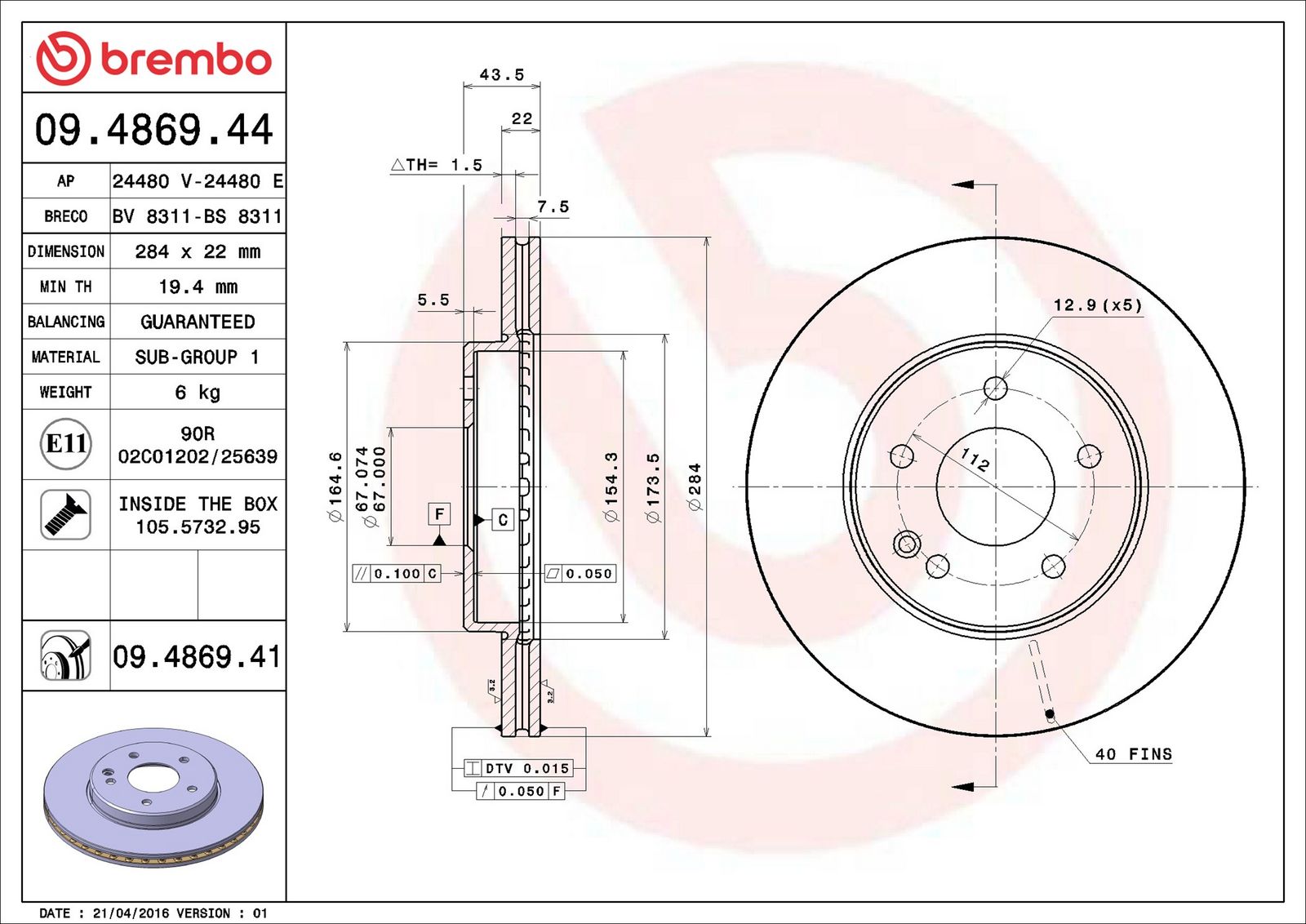 BREMBO 09.4869.41 - Bremsscheibe