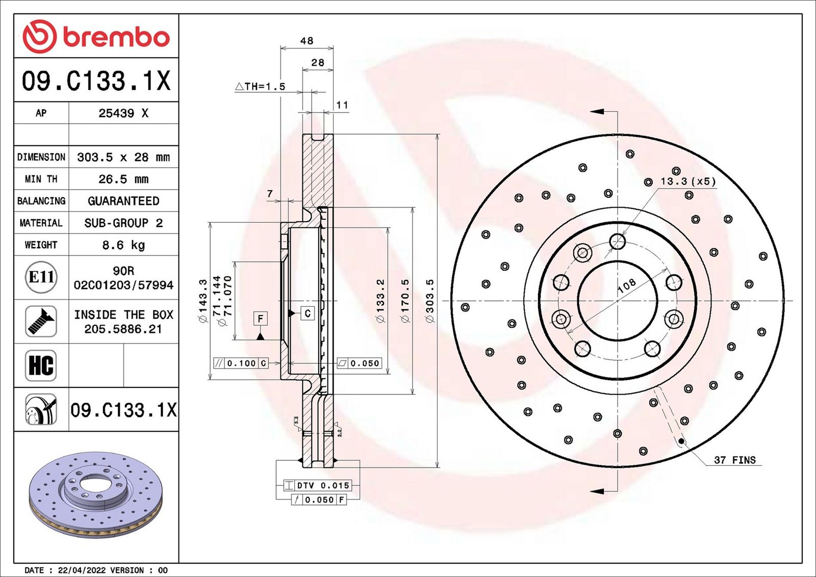 BREMBO 09.C133.1X - Bremsscheibe