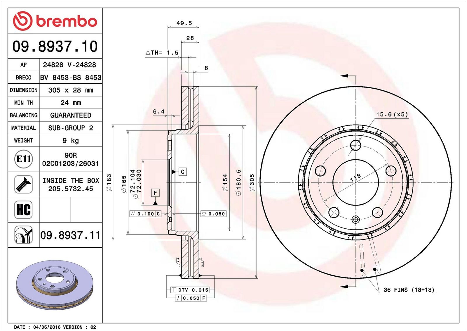 BREMBO 09.8937.11 - Bremsscheibe