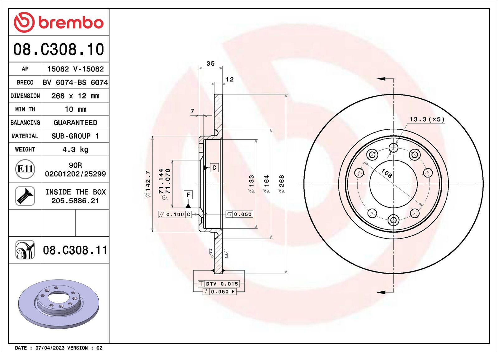 BREMBO 08.C308.11 - Bremsscheibe