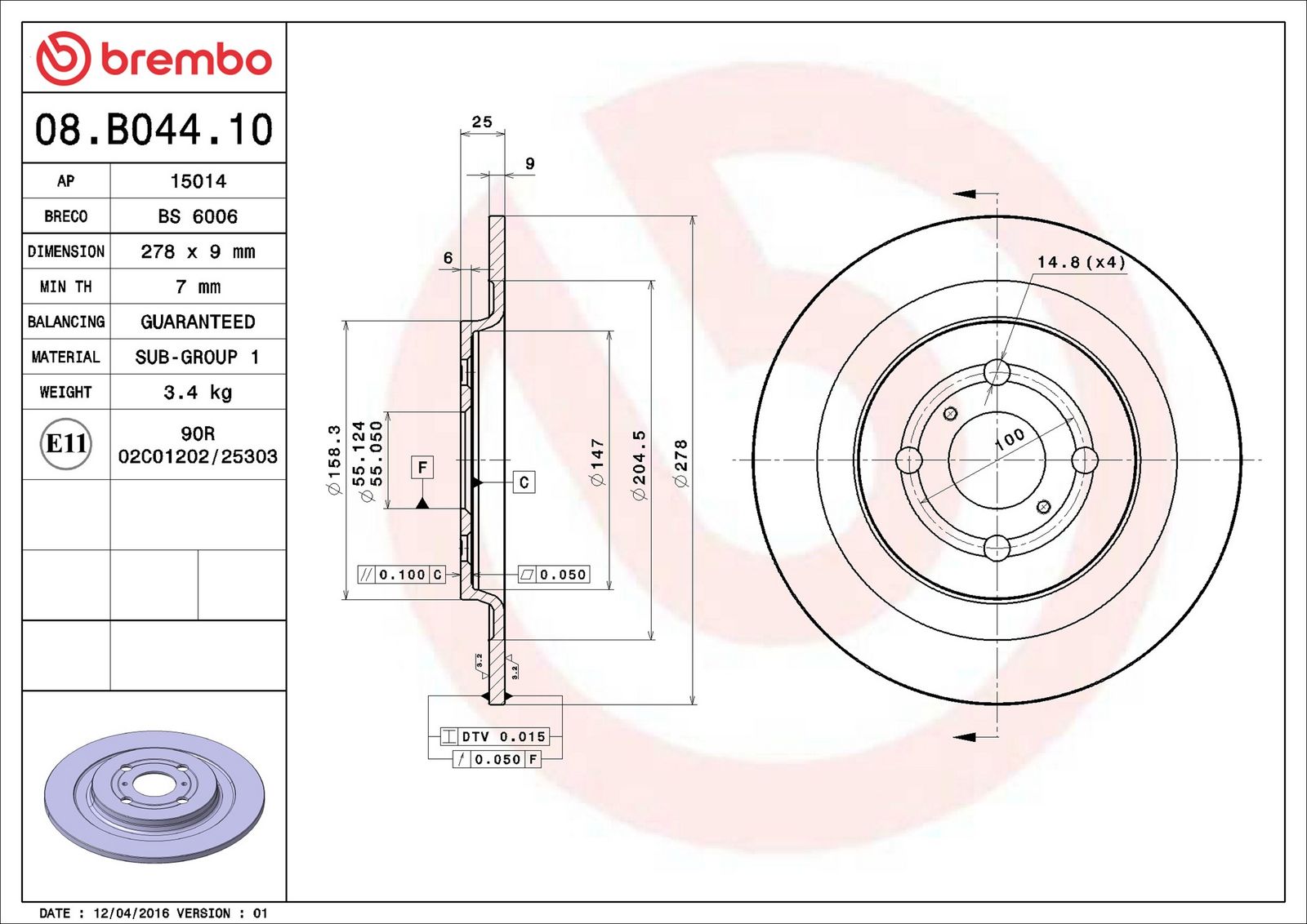 BREMBO 08.B044.10 - Bremsscheibe