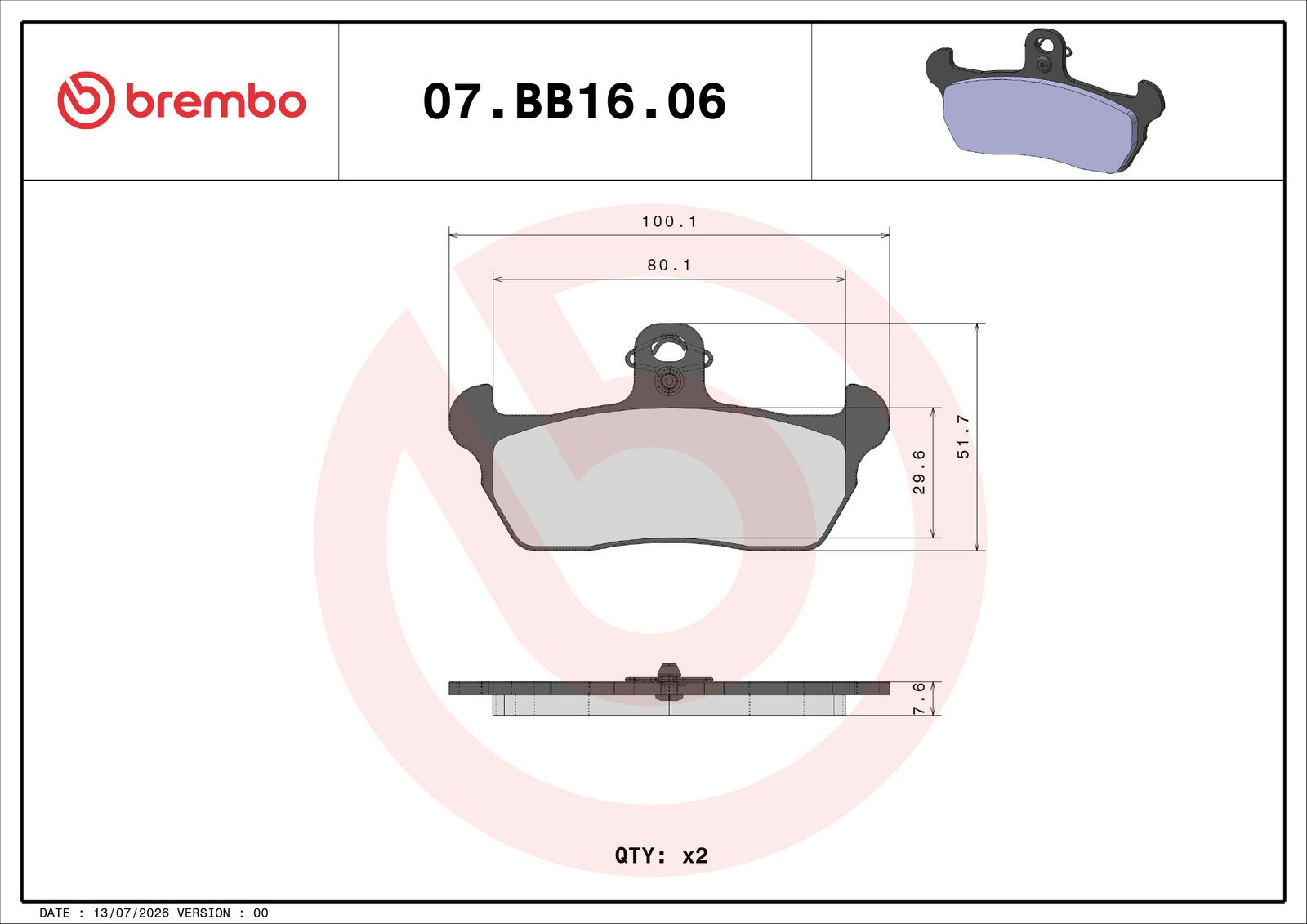 BREMBO 07BB1606 - Bremsbelagsatz, Scheibenbremse