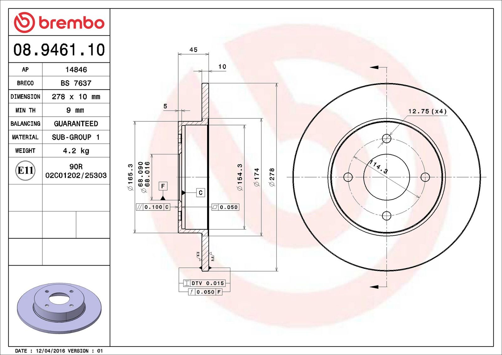 BREMBO 08.9461.10 - Bremsscheibe