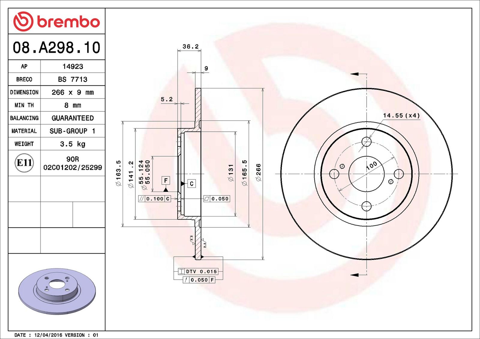 BREMBO 08.A298.10 - Bremsscheibe