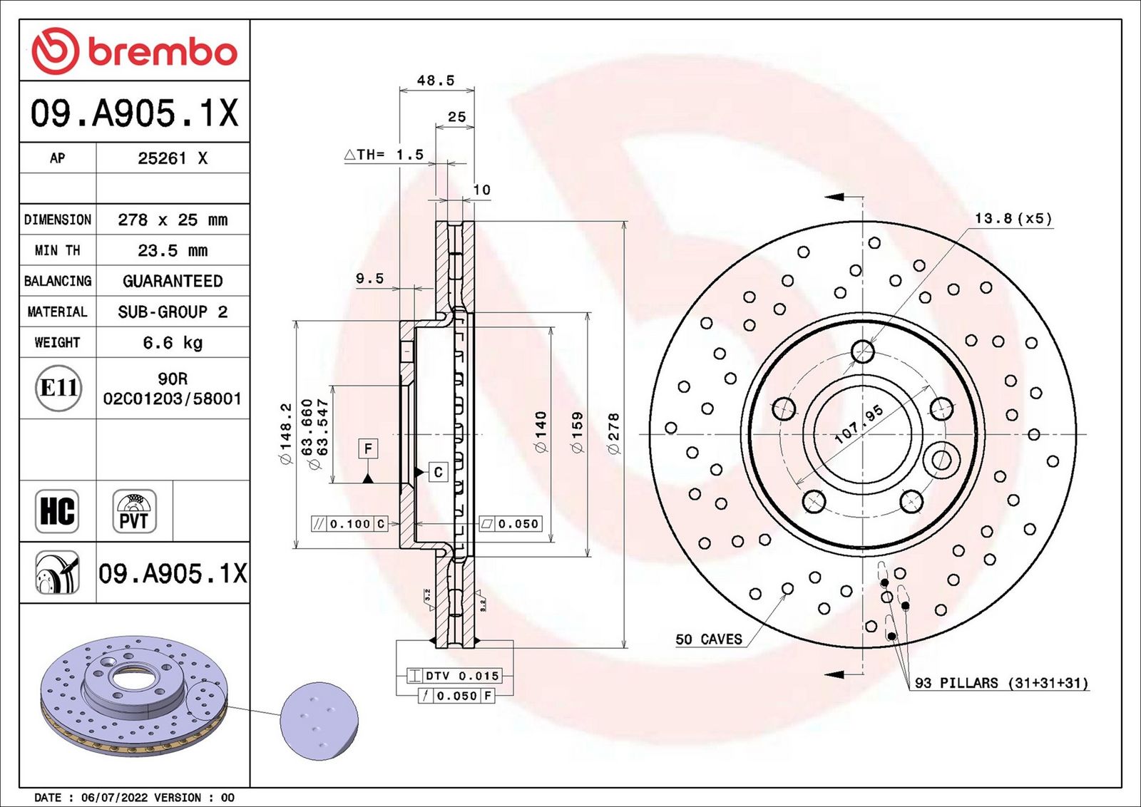 BREMBO 09.A905.1X - Bremsscheibe